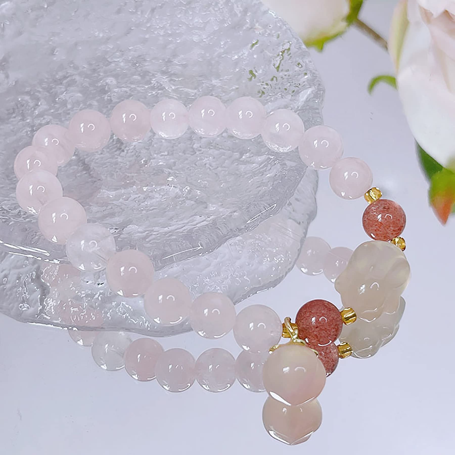 Bracciale Feng Shui, Bracciale in Quarzo Rosa Bracciale MultiWealth 8 mm Rosa Pesca Coniglio Corniola Bianca Talismano per Il Chakra del Coniglietto Amuleto per Amore Prosperità