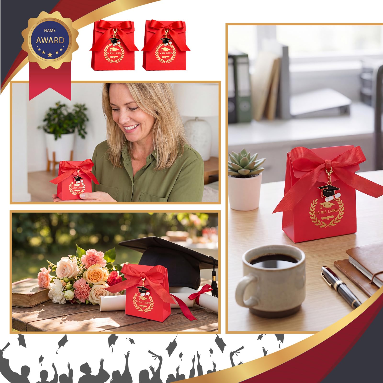BBTO 50 Sets Recuerdos de Graduación 50 Llaveros de la Suerte 50 Cajas 50 Etiquetas para Recuerdos de Graduación 1 Cinta de Regalo Para Fiestas Ceremonias Hombres Mujeres