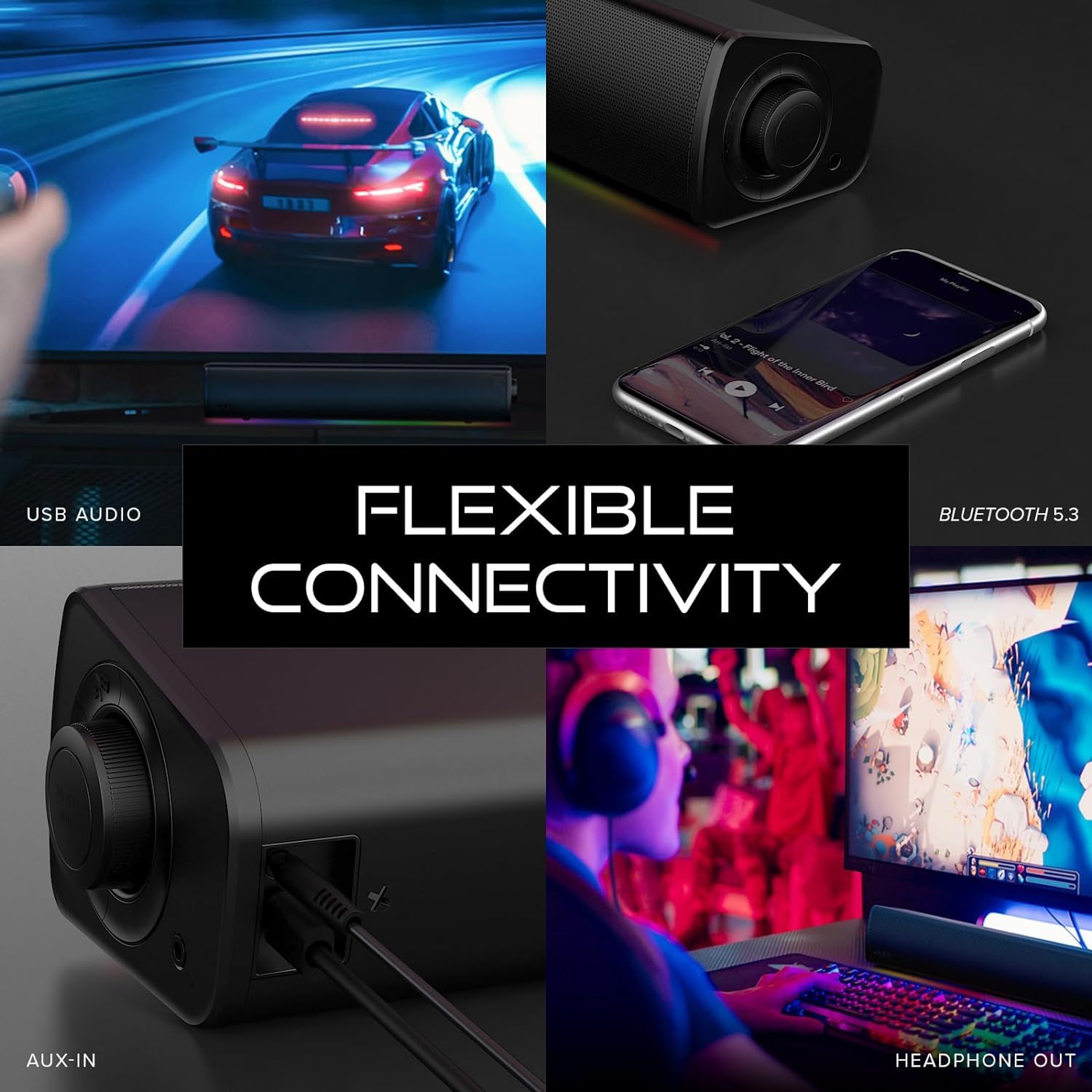 CREATIVE Sound Blaster GS3 Compact RGB Gaming Soundbar con tecnologia SuperWide, alimentato tramite USB, Bluetooth 5.4, porta di uscita cuffie, per PC e Mac
