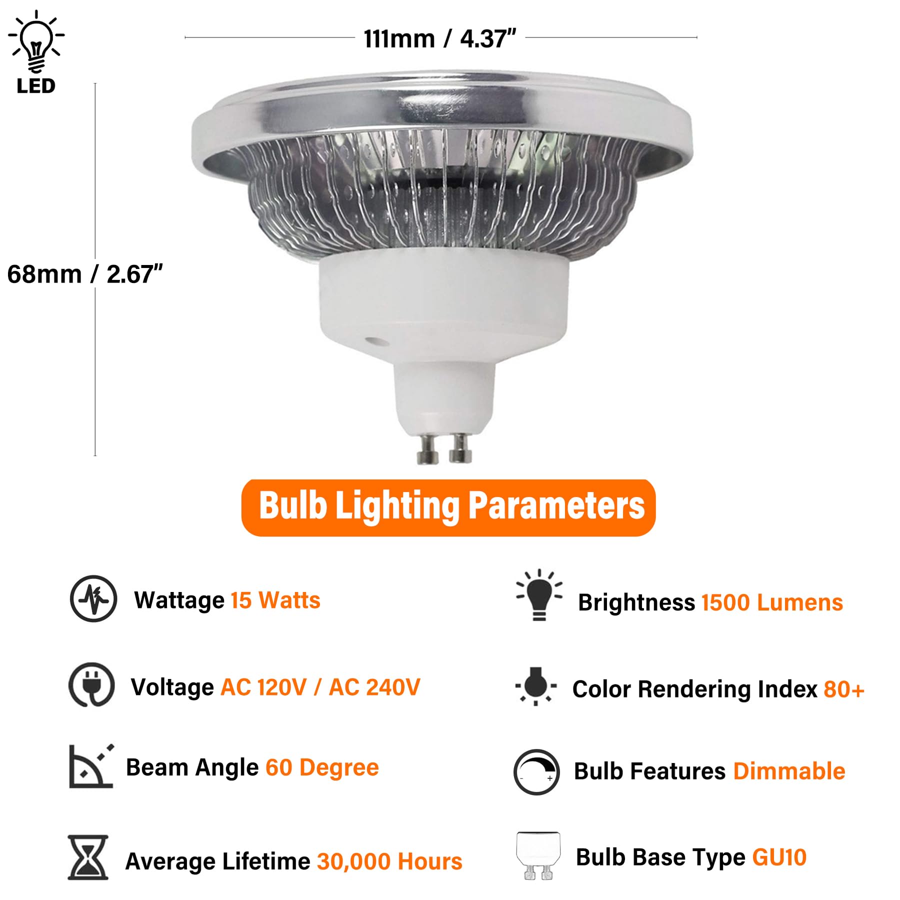 Bombillas led Paquete de 6 reflectores Regulables AR111 GU10 15 W COB, 1500 lúmenes, ángulo Haz 60 Grados
