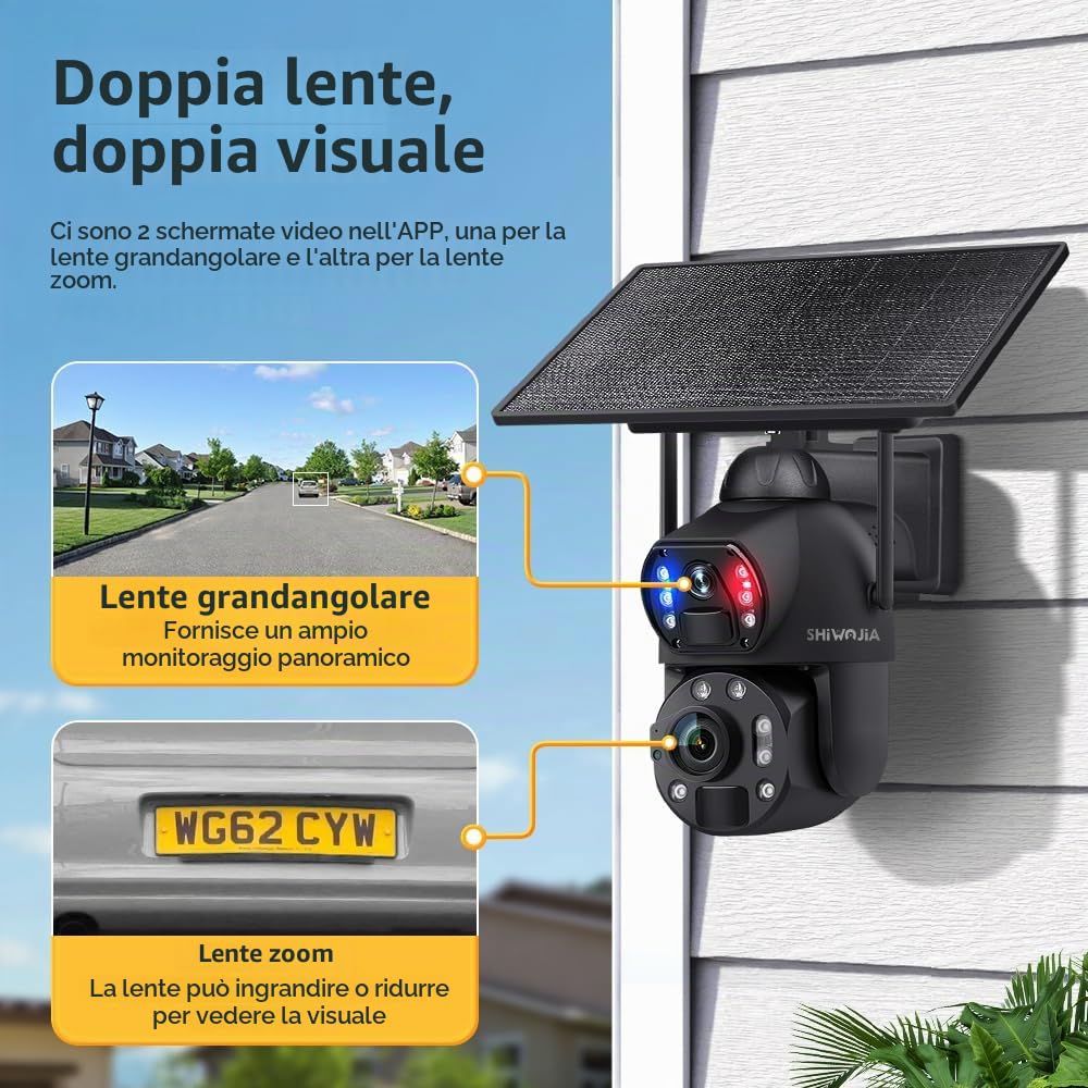 SHIWOJIA 36X Telecamera di Sorveglianza WiFi Esterno, 6 MP 360° PTZ Telecamera Esterna Solare con Doppia Lente, 100m Visione Notturna a Colori, PIR Smart Detection, Audio Bidirezionale