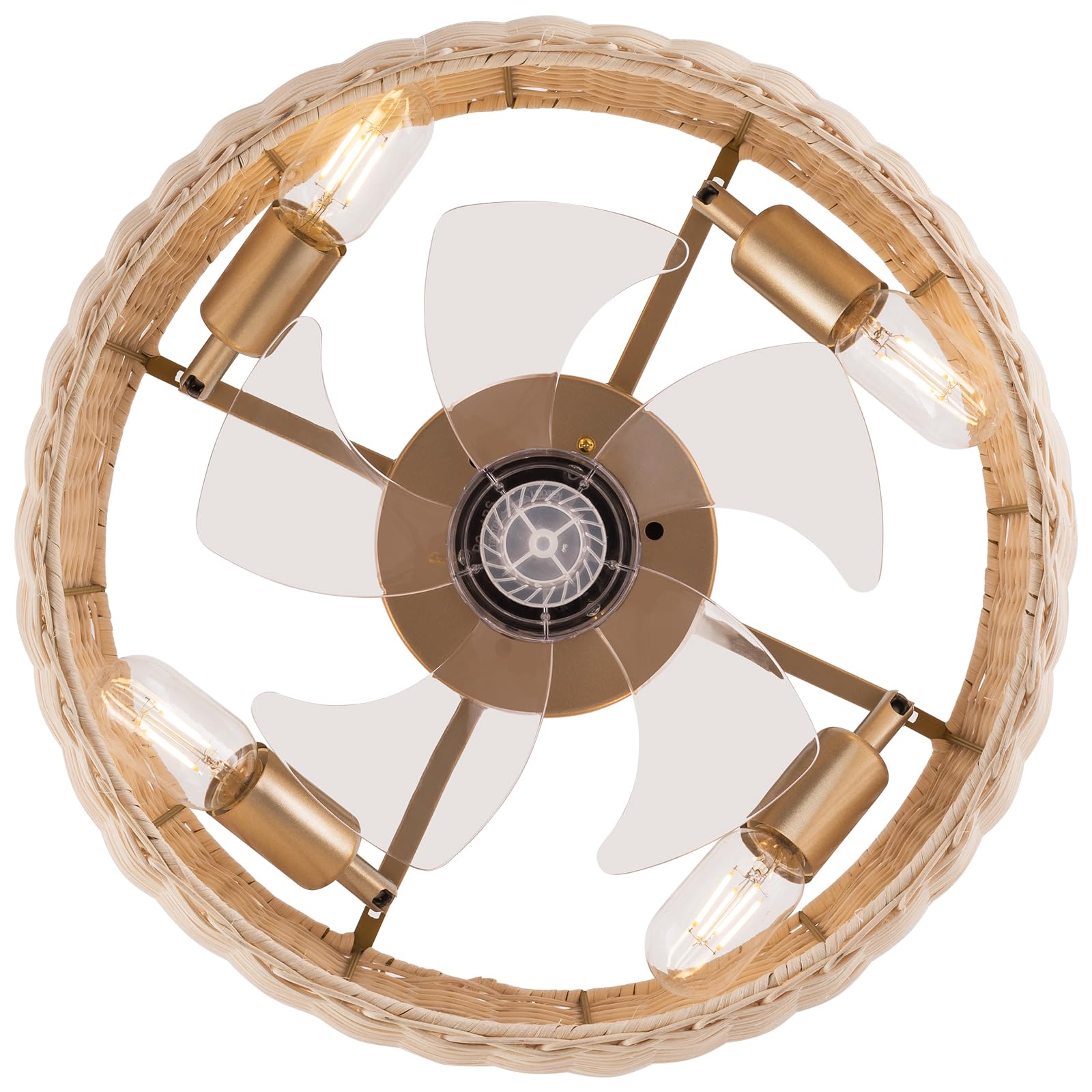 Bambusowy wentylator sufitowy z oświetleniem i pilotem zdalnego sterowania, cichy, 6-biegowy, odwracalny silnik, lampa sufitowa, ręcznie tkany naturalny rattan, 45 cm