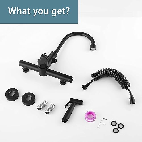 Miniatura 7 de Grifo de cocina de montaje en pared de 8 pulgadas, grifo negro mate para cocina, con pistola rociadora y 2 chorros de agua, grifo de pared giratorio