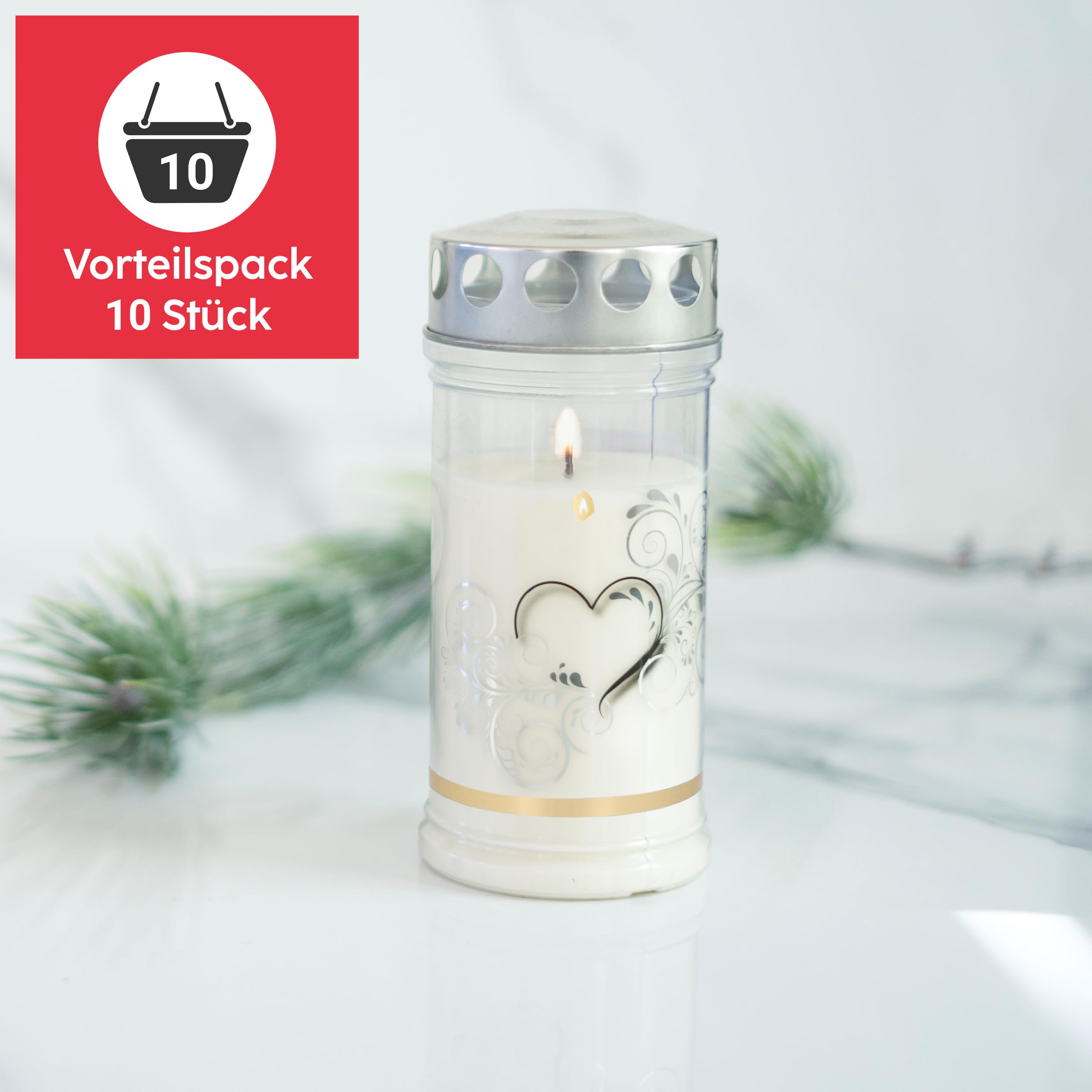 HOFER Grabkerzen, Grablicht, Brenndauer ca. 4 Tage, PLATIN HERZ, 10 Stk. | Trauerkerzen, Friedhofskerze mit Motiv, für Grabdeko & Grabschmuck