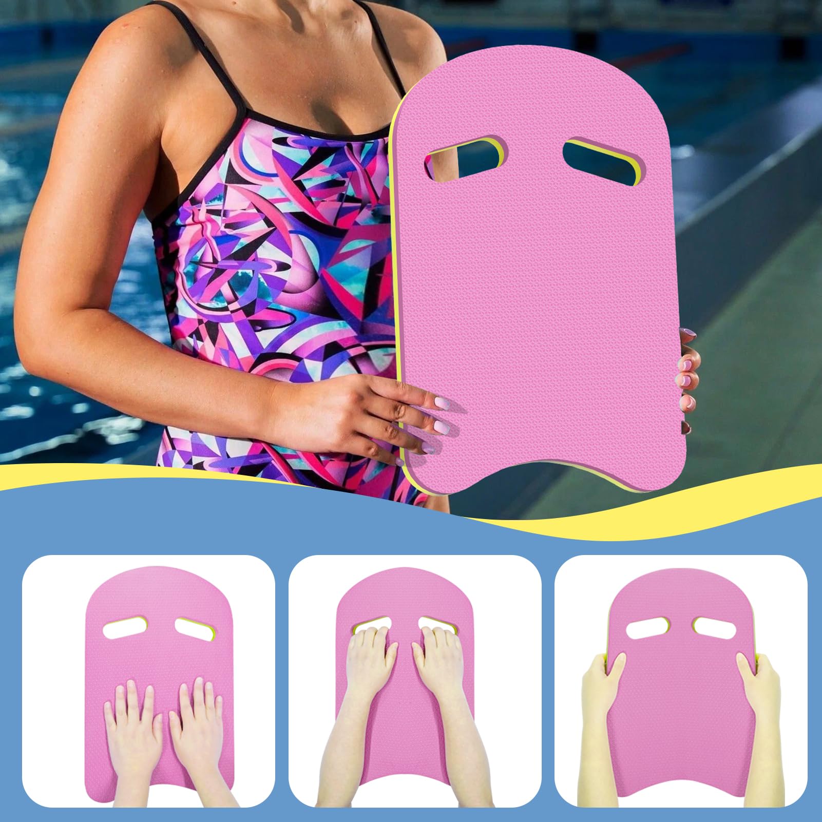 2 tablas de natación en forma de U con mango de 2 agujeros hechas de EVA, 17 x 12 x 1.1 pulgadas, ligeras y duraderas, adecuadas para principiantes y nadadores avanzados para entrenamiento (1 rosa + 1