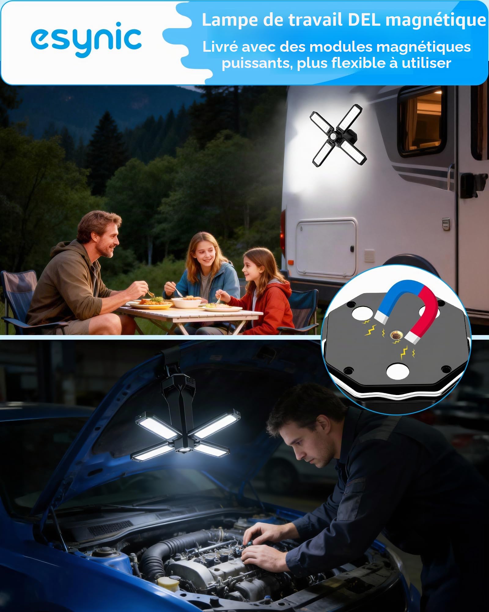 eSynic Lampe de Camping Télescopique Rechargeable avec Trépied Rétractable Batterie de 16000mAh Lampe LED 5 Modes d'Éclairage 6 Luminosités Étanche IP66 Stroboscope SOS pour Extérieur Garage Camping