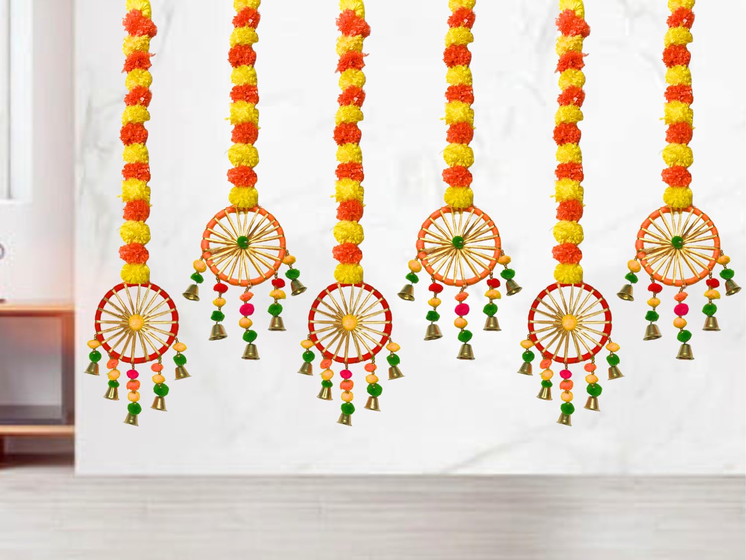DRYPHON Artificial Marigold Flowers with Pom Pom Ring Bell Hanging Garlands for Home, Diwali & Wedding Decoration (Pack of 6)
