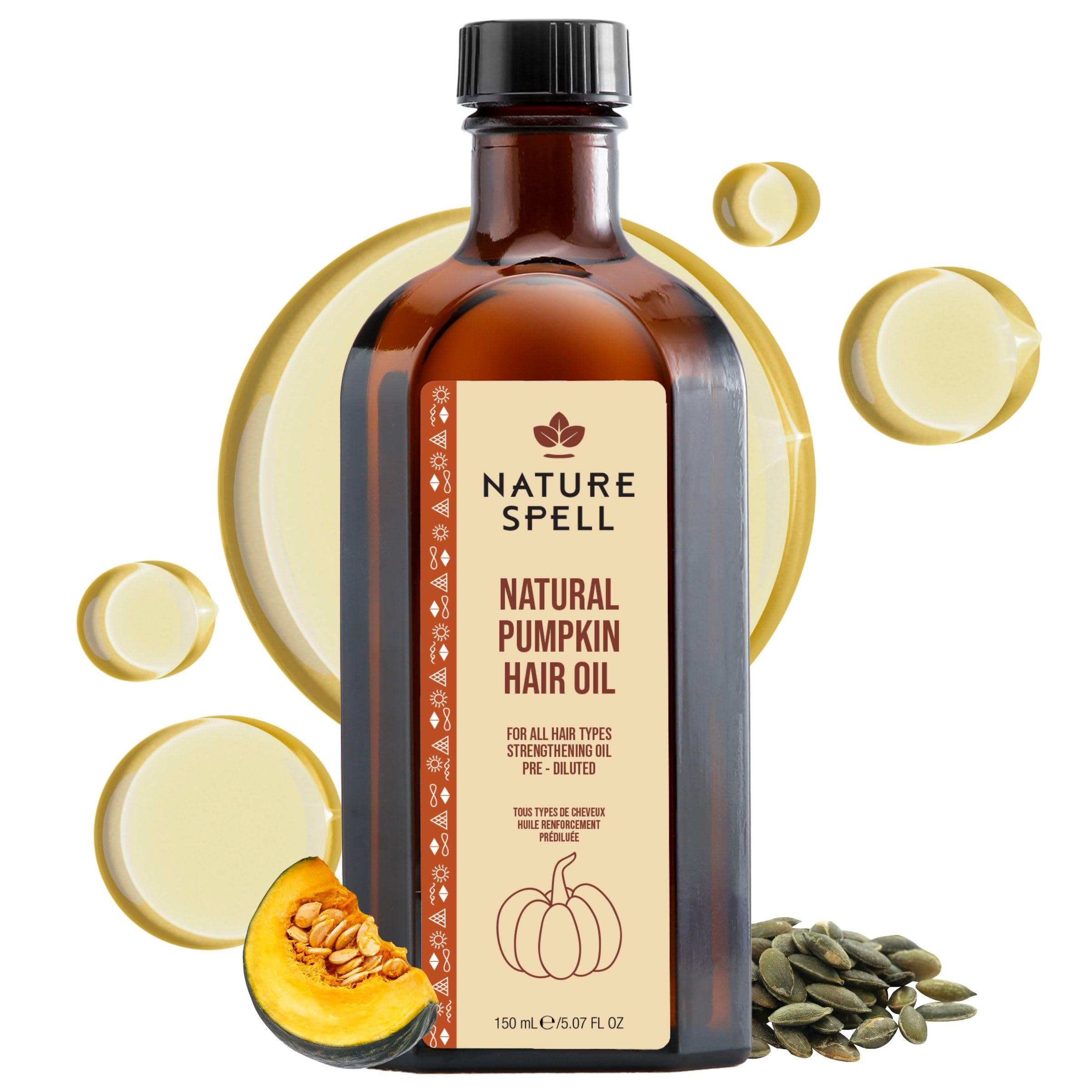 Nature SpellPumpkin Oil for Hair, Pre-Diluted Oil Helps Nourish Brittle Strands & Reduce the Look of Split Ends, For All Hair Types, Vegan, 150ml
