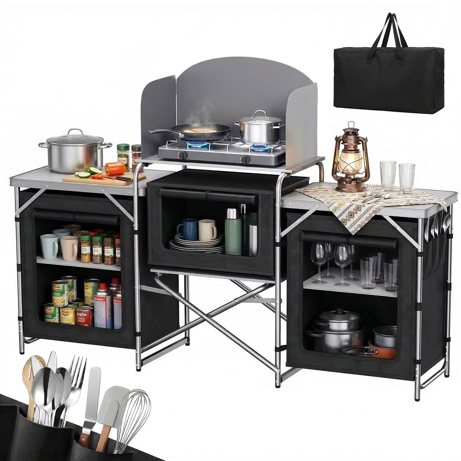 Sekey Campingküche Faltbar, Campingschrank mit Arbeitsplatte und Staufächern, Outdoor Küchenschrank mit Aluminiumgestell, Ink. Tragetasche, Mobile Schränke für Outdoorküche, Vorzelt, Wohnwagen