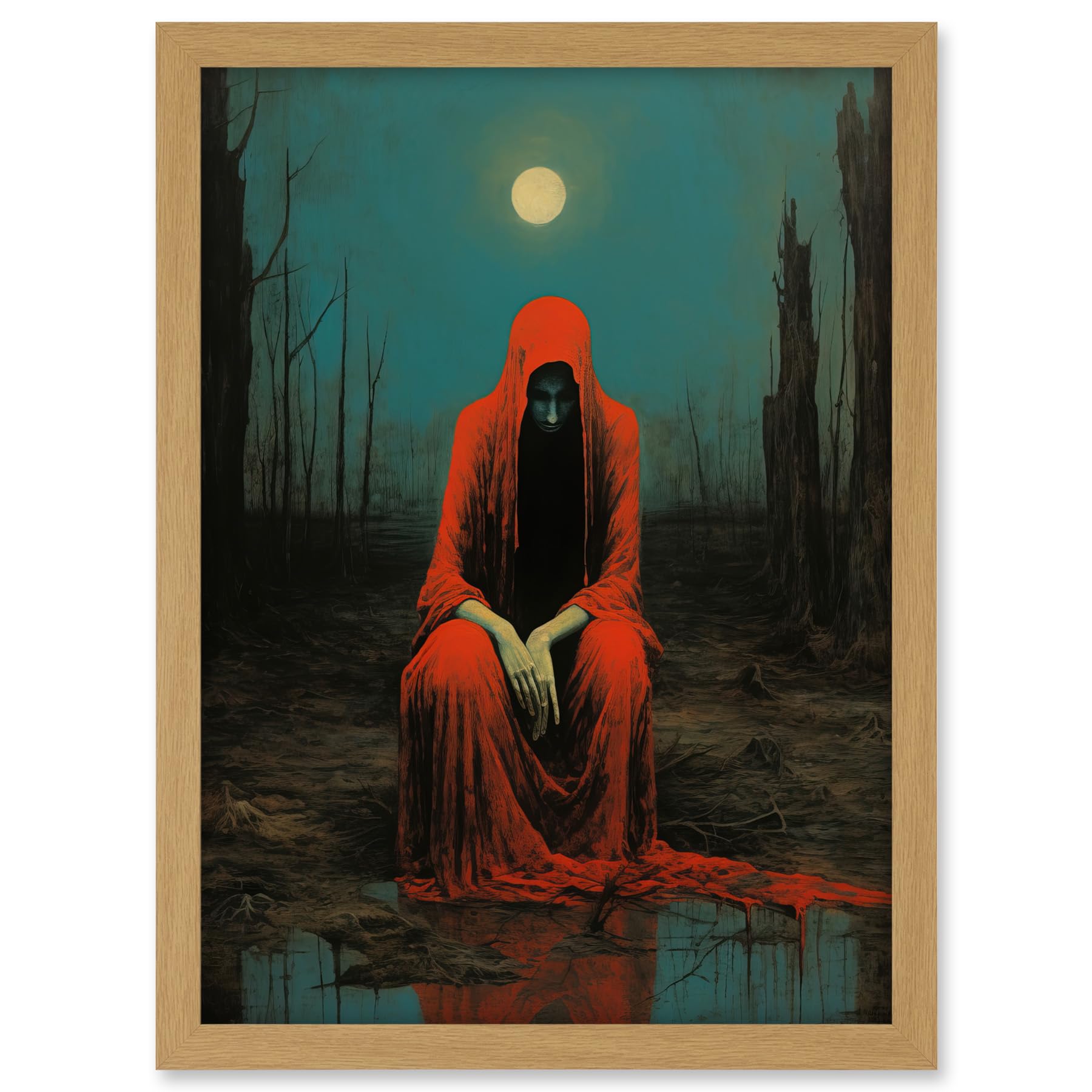 Artery8 Charon in Red Cloak Beksinski Inspired Conceptual Artwork Full Moon Barren Landscape Artwork Framed A3 Wall Art Print