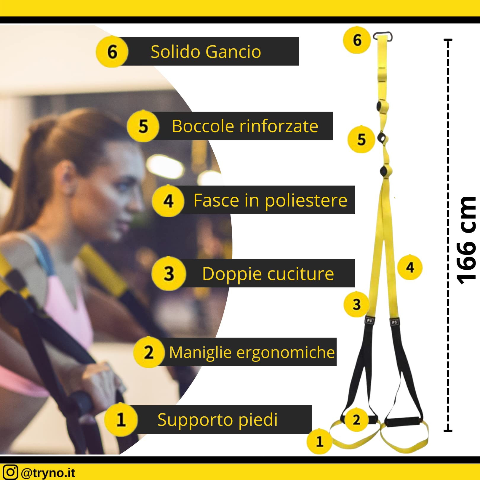 TRYNO TRX ITALIANO, Trx Fitness Da Casa, Suspension Training per Tutto il Corpo, Allenamneto in sospensione, Trx Elastico Fitness, Cinghie Sospensione +Zaino