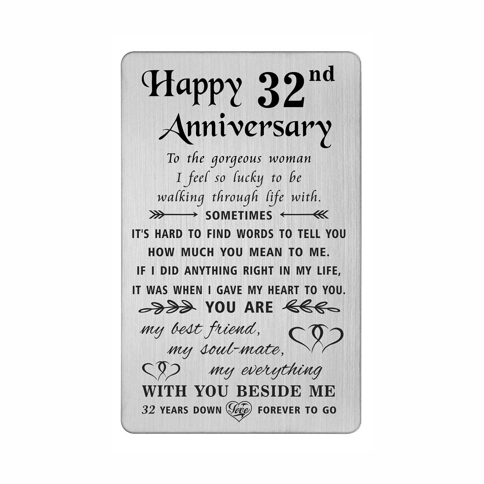 TANWIH 32nd Anniversary Card for Wife - 32 Years Down Forever to Go - 32 Year Wedding Anniversary Card Gifts for Her Women, Engraved Metal Wallet Card