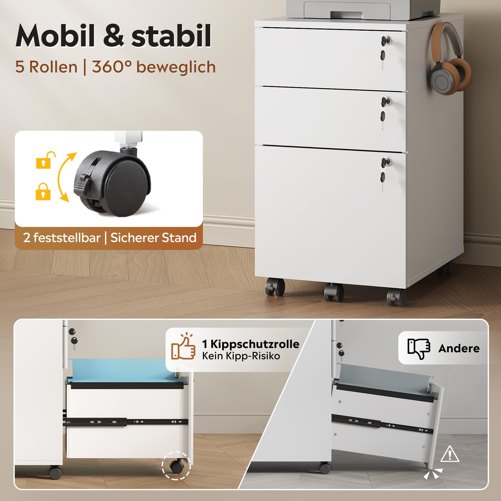 DEVAISE Rollcontainer mit 3 Schubladen, Mobiler Aktenschrank mit Rollen, Druckertisch für DIN A4/Legal/Letter, Schreibtisch Unterschrank für Büro und Home Office, Weiß