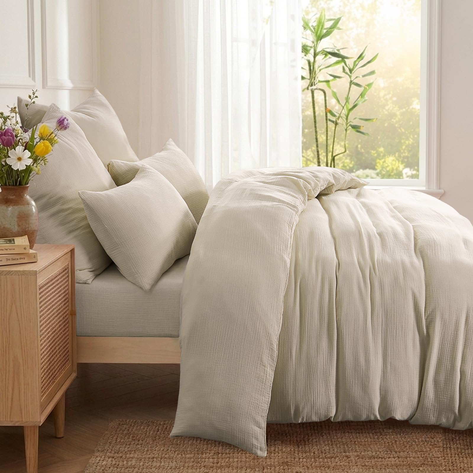 RUIKASI Musselin Bettwäsche 135x200 4teilig - Oeko-TEX Baumwolle Bettwäsche-Sets Beige mit Reißverschluss, atmungsaktive Sommer Bettbezug mit 2 Kissenbezüge 80x80 cm