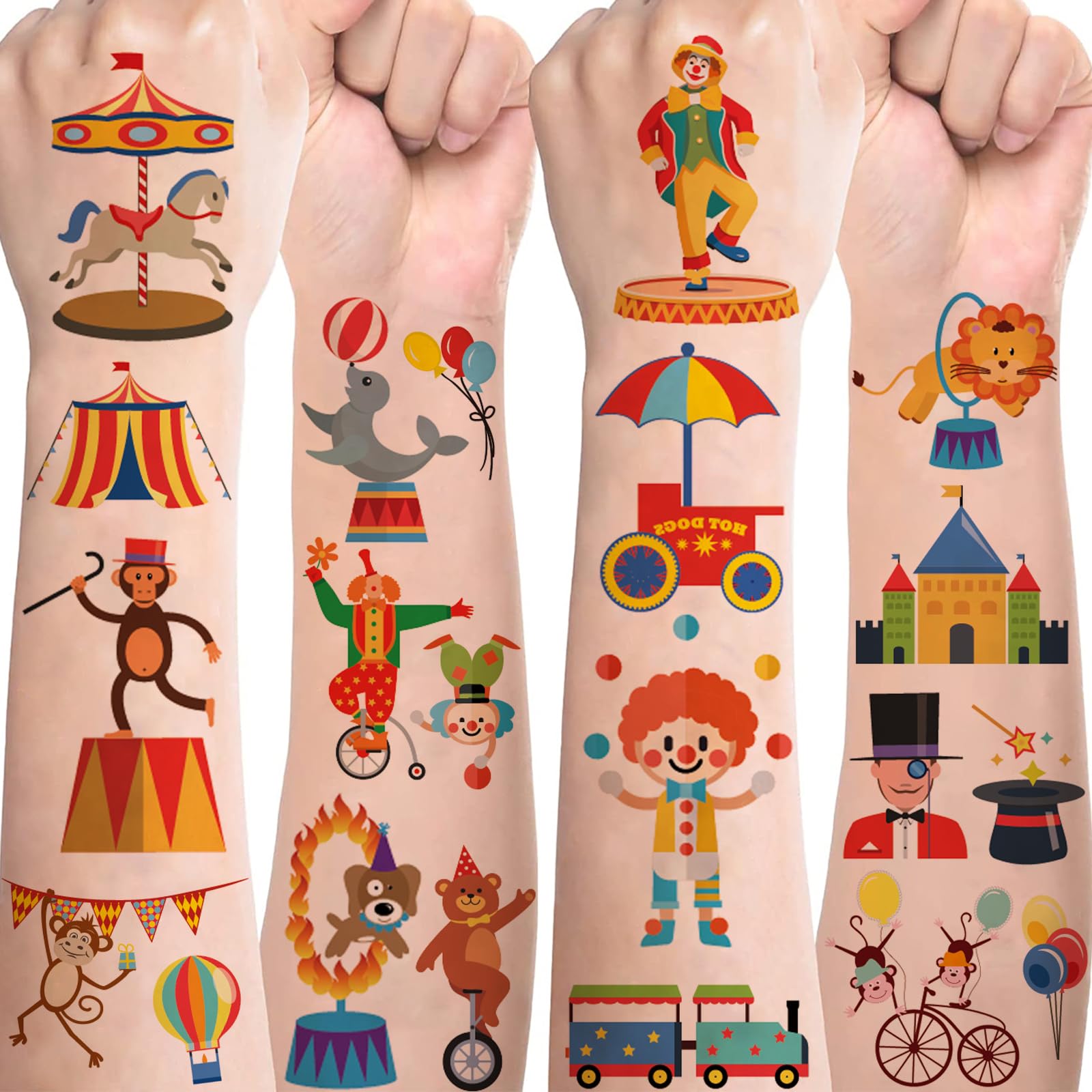 10 Blätter Zirkus Tattoo Kinde Set,Hautfreundlich Clown Kindertattoos Jungen Mädchen Circus Tattoo Sticker,Mitgebsel Kindergeburtstag Gastgeschenke Party Deko Zirkus Kinder
