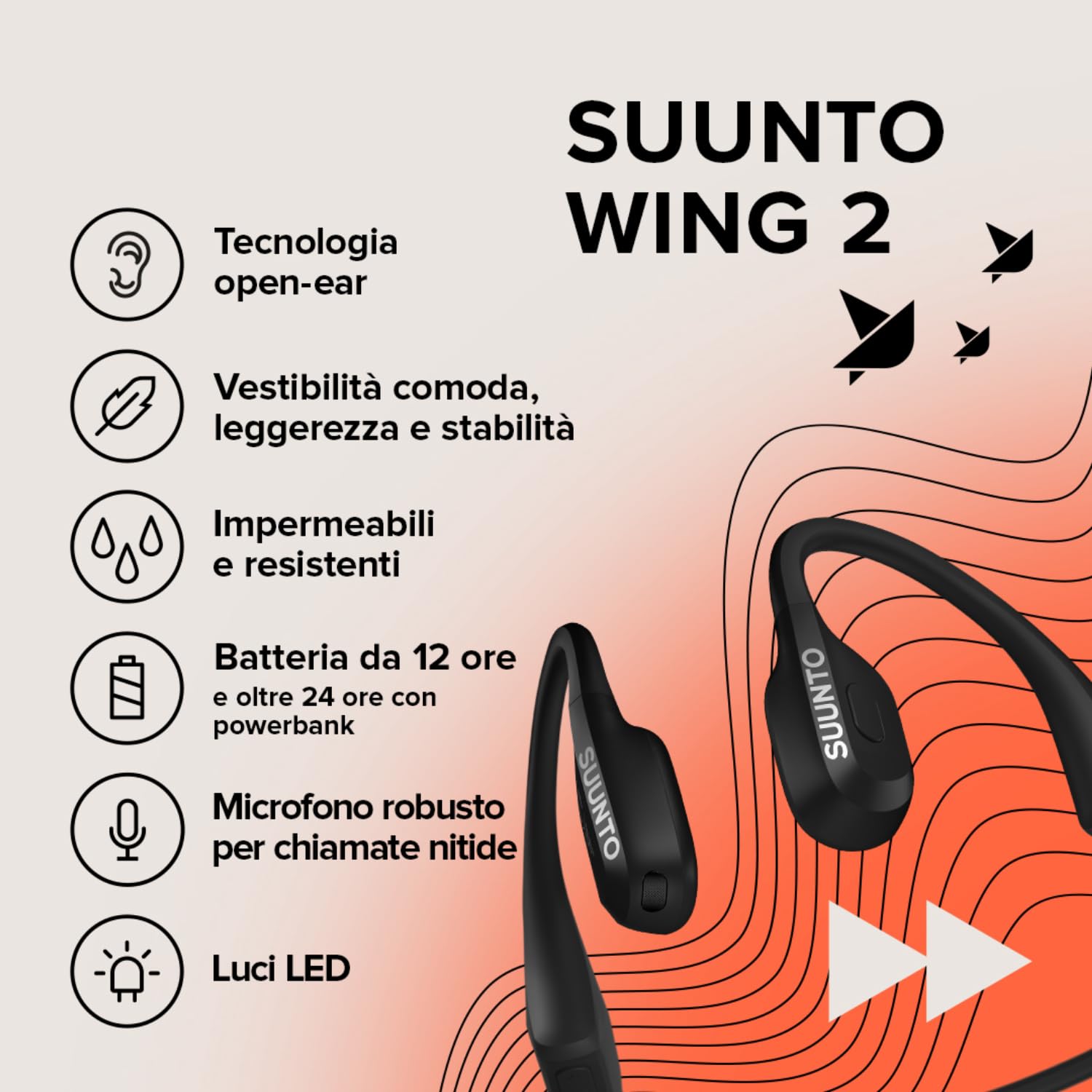 SUUNTO Wing 2 Cuffie Open-Ear, Cuffie Bluetooth a Conduzione Ossea, Impermeabili IP66 (Resistenti al Sudore), Luci di Sicurezza Intelligenti, Feedback Vocale, 12H di Autonomia + Powerbank da 24H