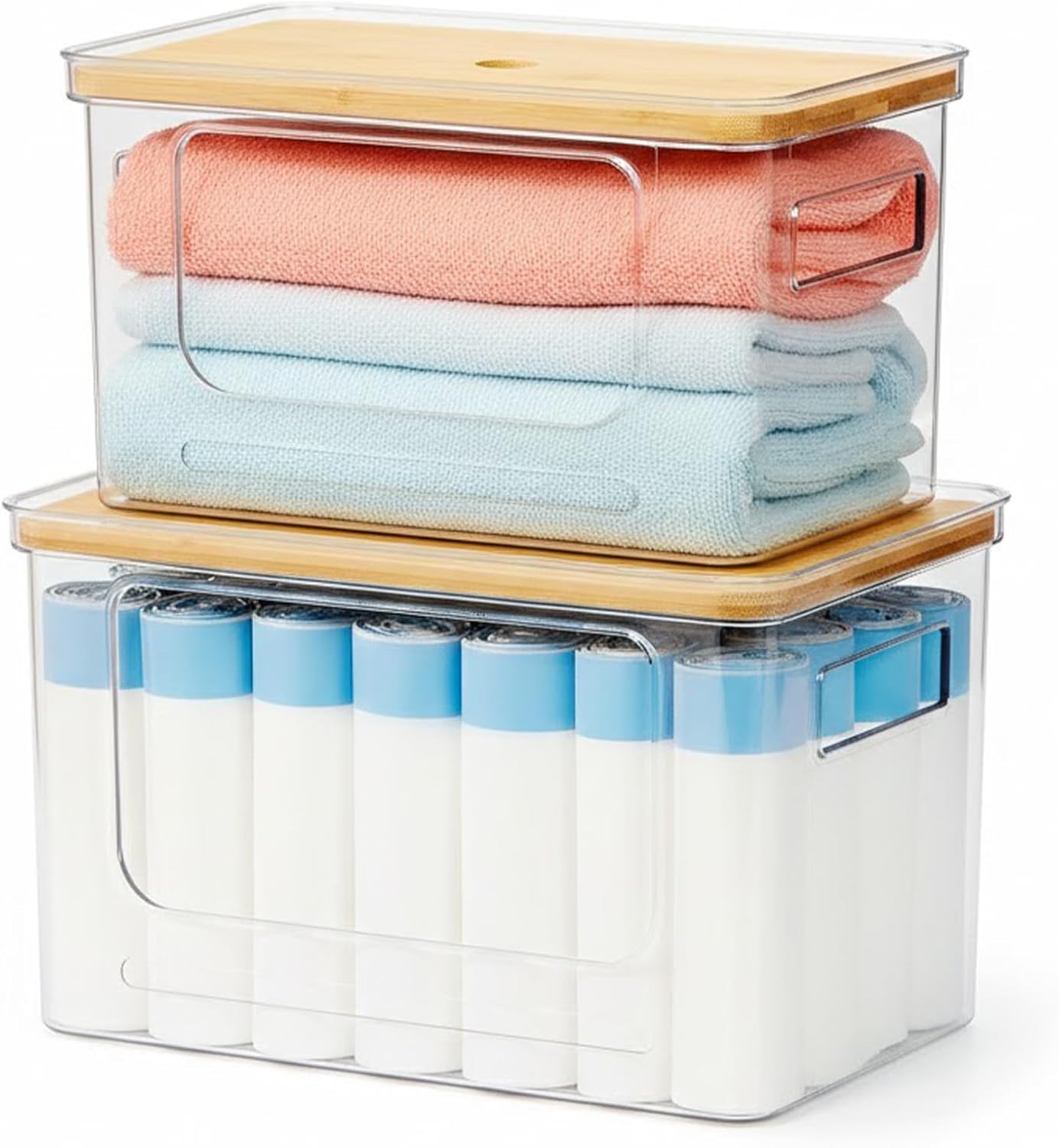 3-Pack Trash Bag Holder,Trash Bag Dispenser with Bamboo Lid, Stackable Acrylic Garbage Bag Dispenser for Under Sink Use in Kitchen, Laundry Room, and Pantry, Large Capacity Garbage Bag Holder