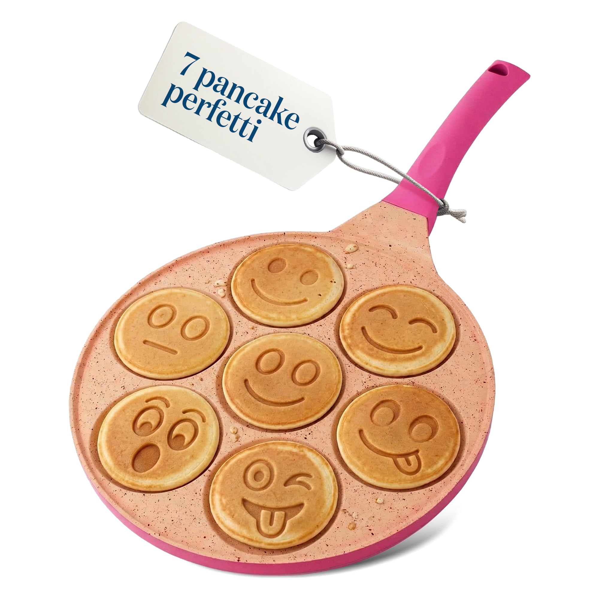 Joeji's Kitchen Teglia per pancake a 7 fori 26,5 cm Smiley - Alluminio antiaderente leggero - Induzione elettrica a gas - Mini pancake pancake crêpe - Cucina divertente per bambini - Rosa