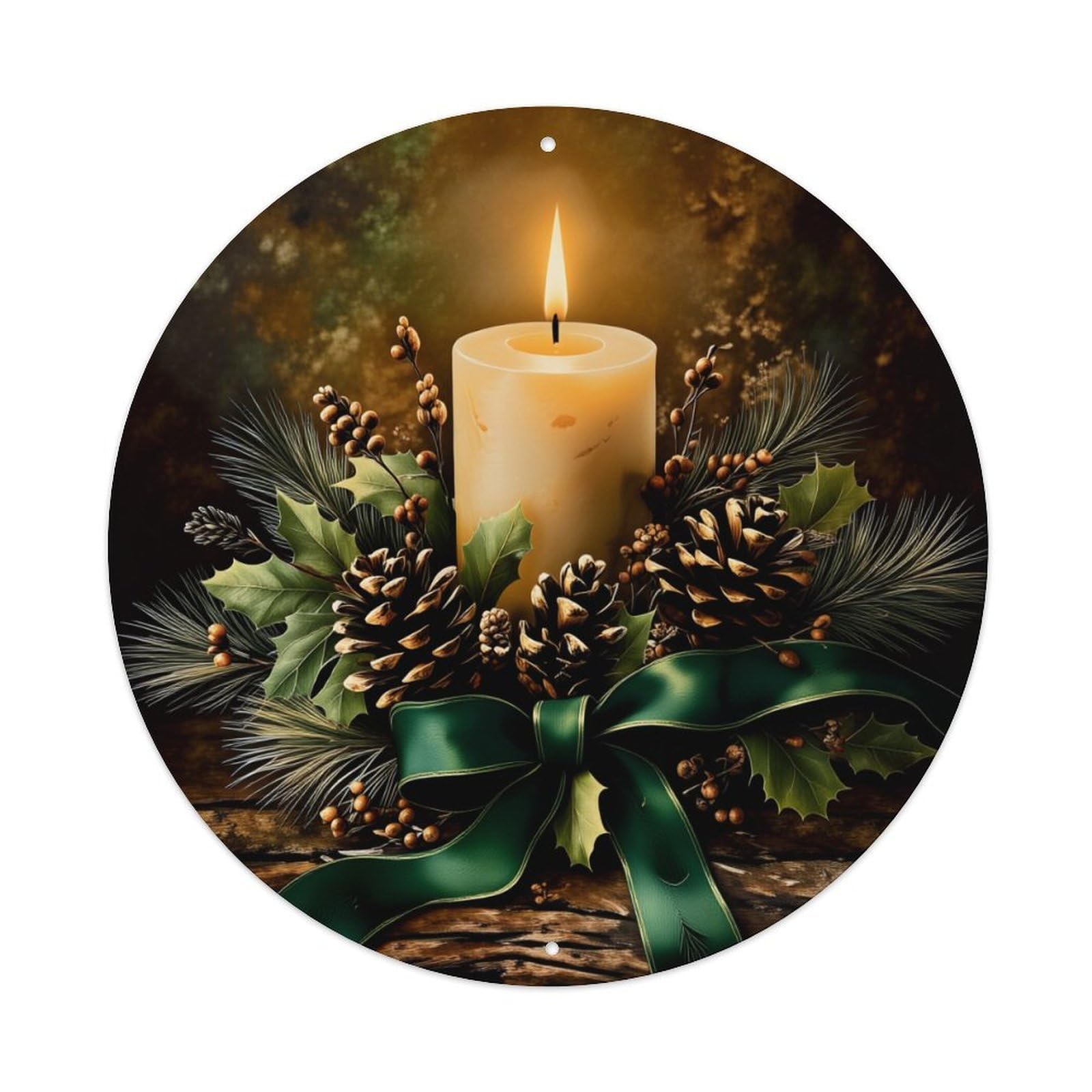 Candle Pinecone Holly Ribbon Green Round Tin Sign Retro Metal Sign for Cafe Bar Pub Home Game Room Gym Club Wall Decoration Vintage Metal Poster 8x8 Inch