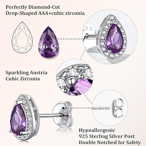 Miniatura 4 de Bestyle Sparkling 925 Sterling Silver Birthstone Stud Earrings for Women, HeartRoundTeardropSquare Crystal Solitaire Diamond Studs Halo Earrings,