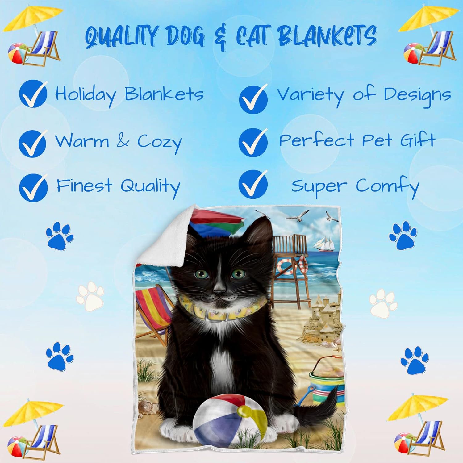 Pet Friendly Beach Tuxedo Cat Blanket - Lightweight Super Soft Cozy and Durable Bed Blanket - Animal Theme Fuzzy Blanket for Sofa Bed Couch BLNKT57096 (30x40 Fleece)