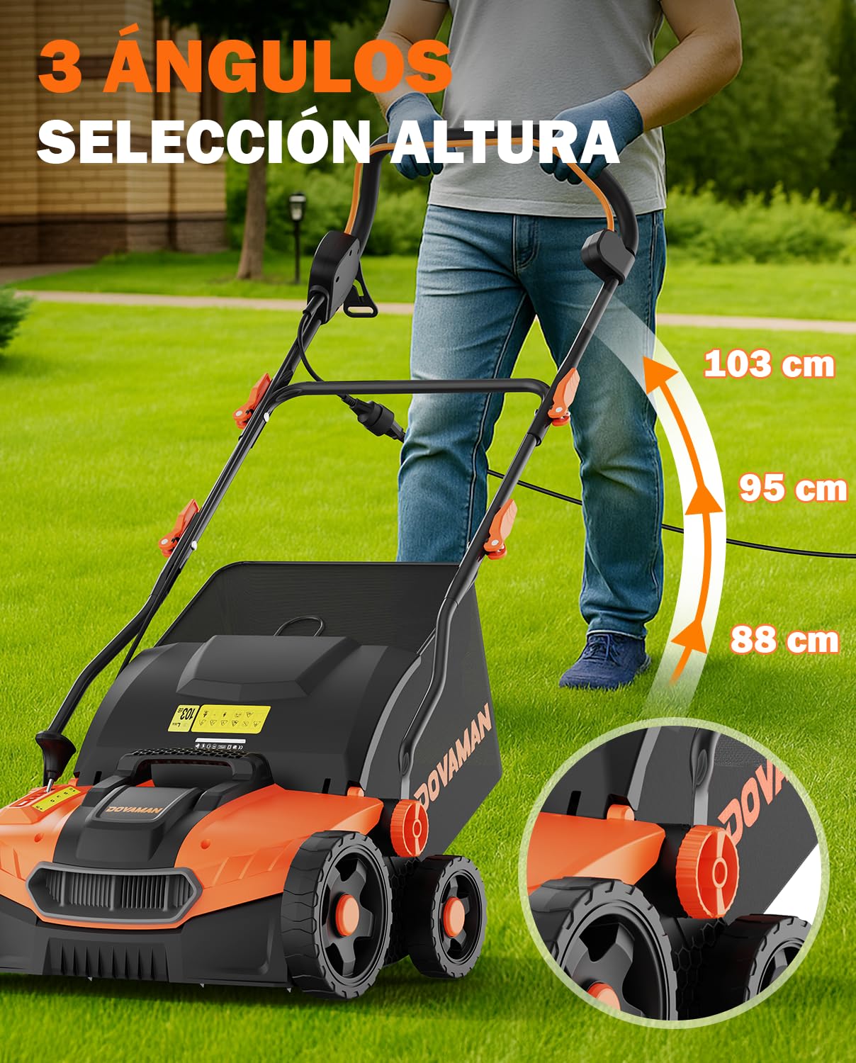 DOVAMAN DS16A 2 en 1 Escarificador y Aireador Eléctrico, 1500W, 40cm Ancho de Trabajo, 5 Ajustes de Profundidad, Diseño Plegable, Bolsa 45L, Altura Ajustable, Ligero, Ideal para Escarificar y Airear