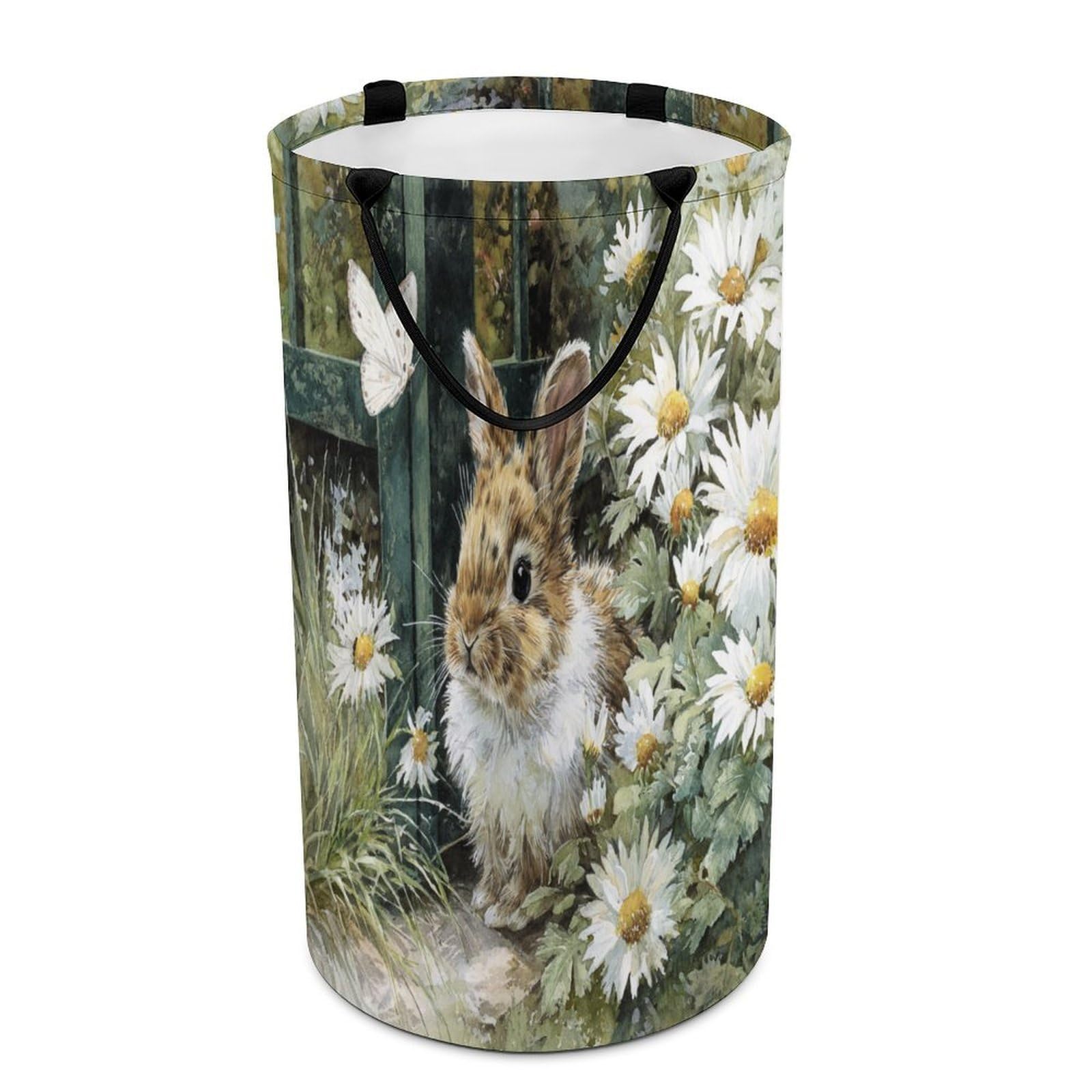 LUYYSKY Beautiful Rustic Cute Rabbits Collapsible Dirty Clothes Basket, Retro Realistic Spring Garden Daisies Flowers Animal Bunny Portable Clothes Storage Basket