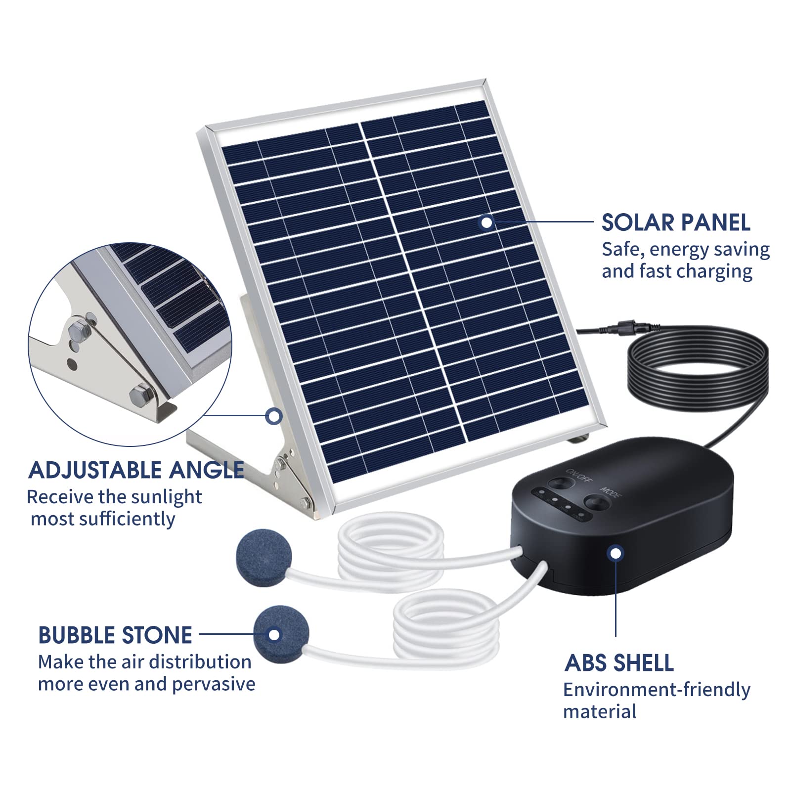 Pompa di ossigeno solare da 10 W con tubo Air Stone Staffa per acquario Ossigenatore 3 modalità regolabili Aeratore di ossigeno per piccoli stagni Pesca di emergenza Bagno per uccelli