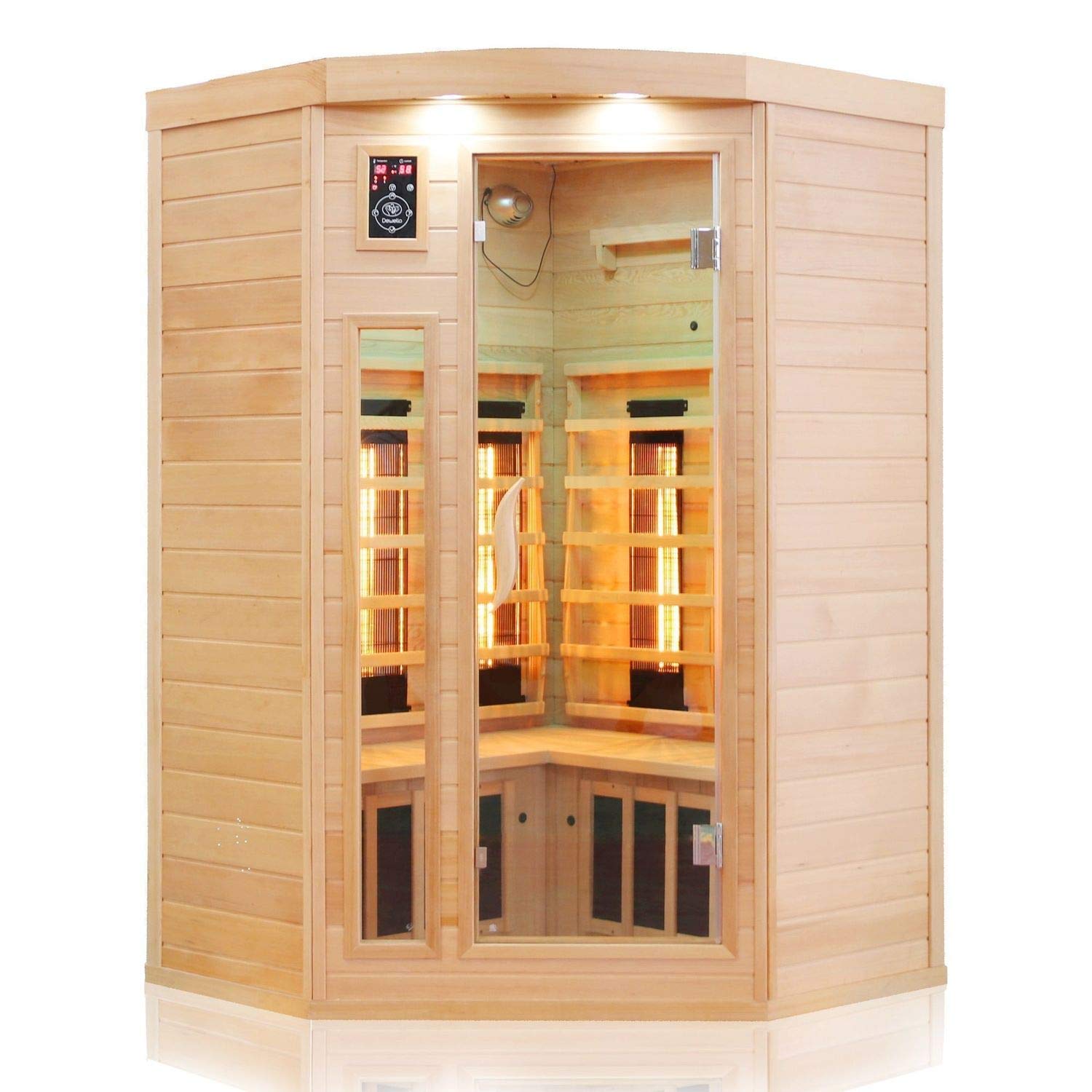 Dewello® Infrarotkabine Infrarotsauna LAKEFIELD 140cm x 140cm für 2-3 Personen aus Hemlock Holz mit Vollspektrumstrahler, LED-Farblicht, Bluetooth, FM,MP3,USB