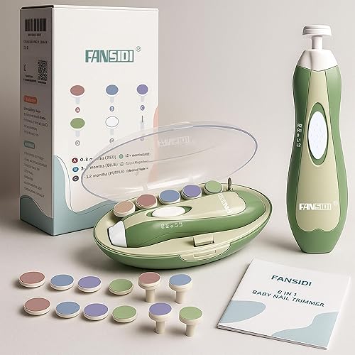 Miniatura 6 de Fansidi Cortador de uñas eléctrico para bebé, verde serenidad limitada, lima de uñas eléctrica suave para bebé, 10 cabezales de pulido + 8