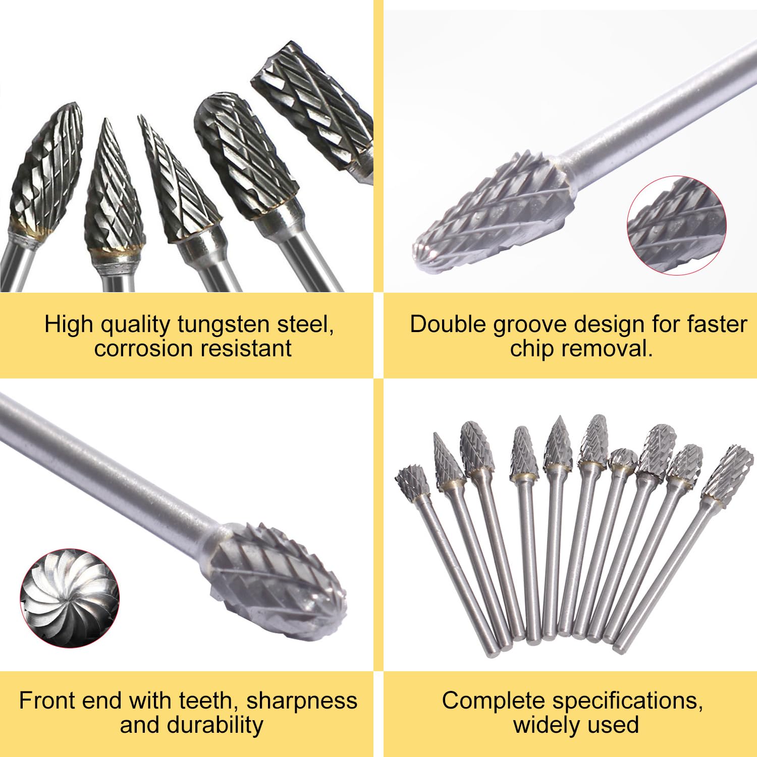 Juego de 10 Fresas de Metal Duro con Doble Corte, Carburo de Tungsteno Cementado, Fresa Rotativa, para Carpintería, Tallado, Pulido, Perforación