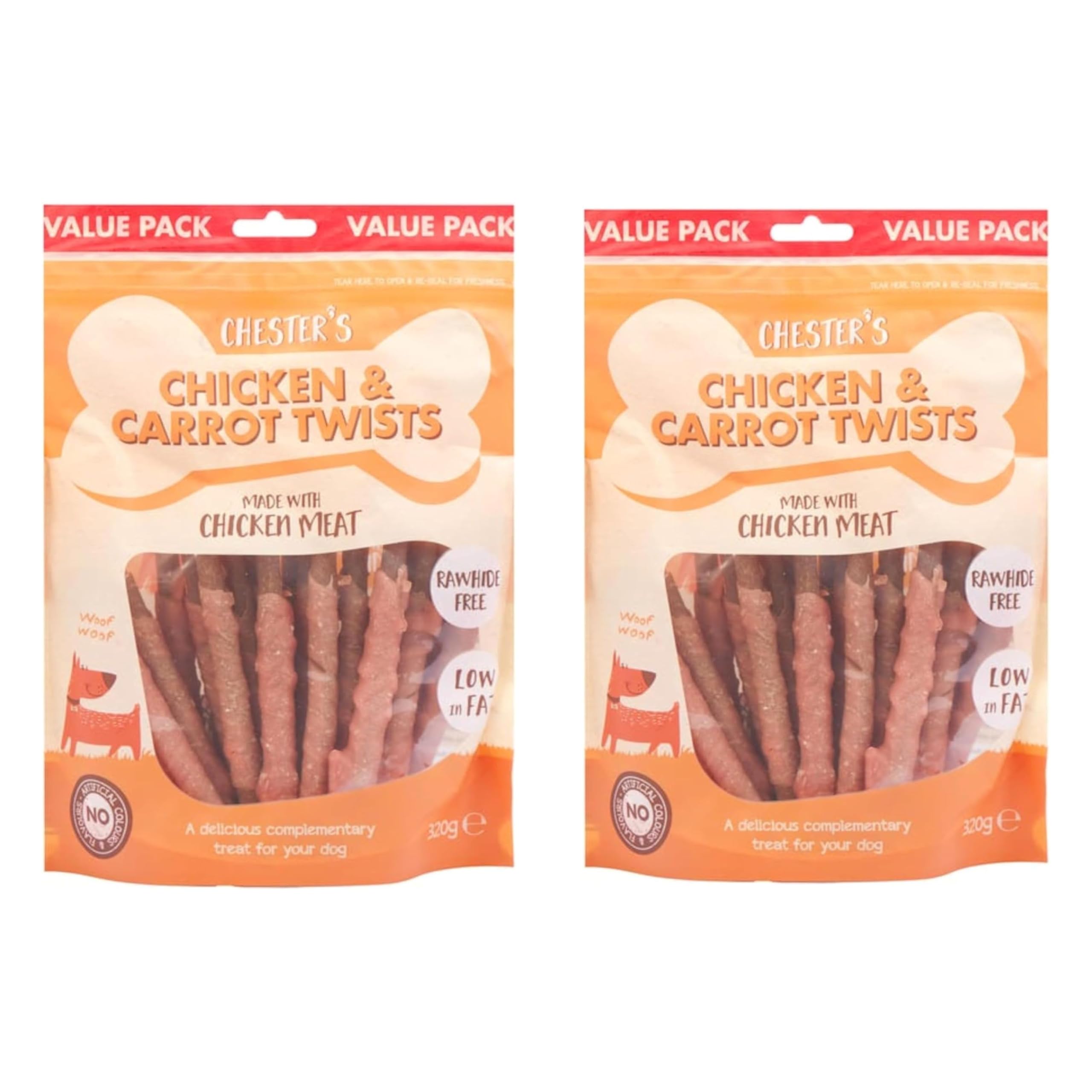 Chesters Healthy Chicken & Carrot Dog Twists – 320g Rawhide-Free Low-Fat Chewy Treats for Dogs 4 Months Pack of 2