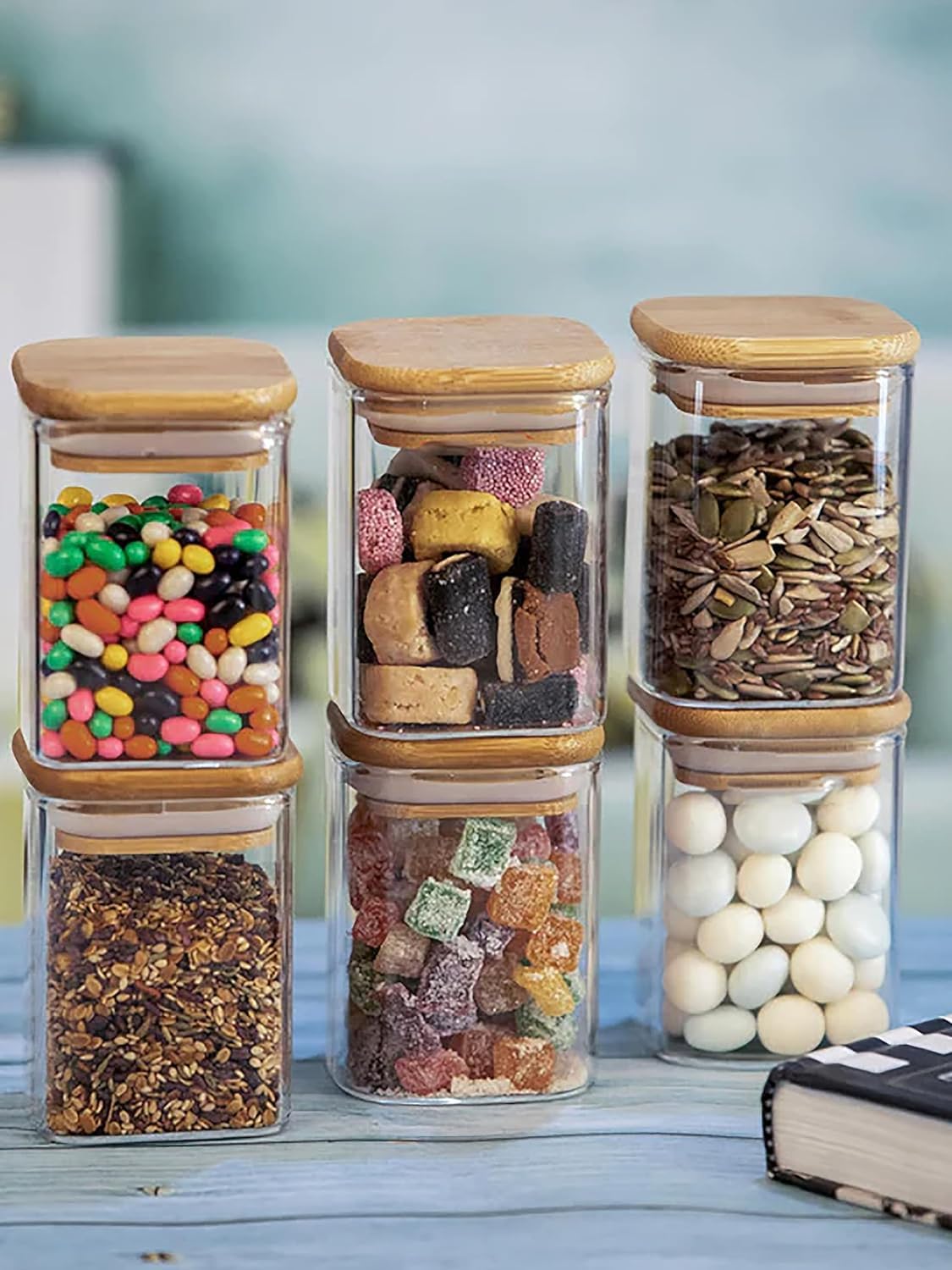 Jinelza Square Glass Jar wooden lid for Food Storage Containers Set,Airtight Food Jars with Bamboo Lids Glass Jar with Wooden Lid for Kitchen Container for Sugar Glass Kitchen (320ML JAR, 3 PCS)