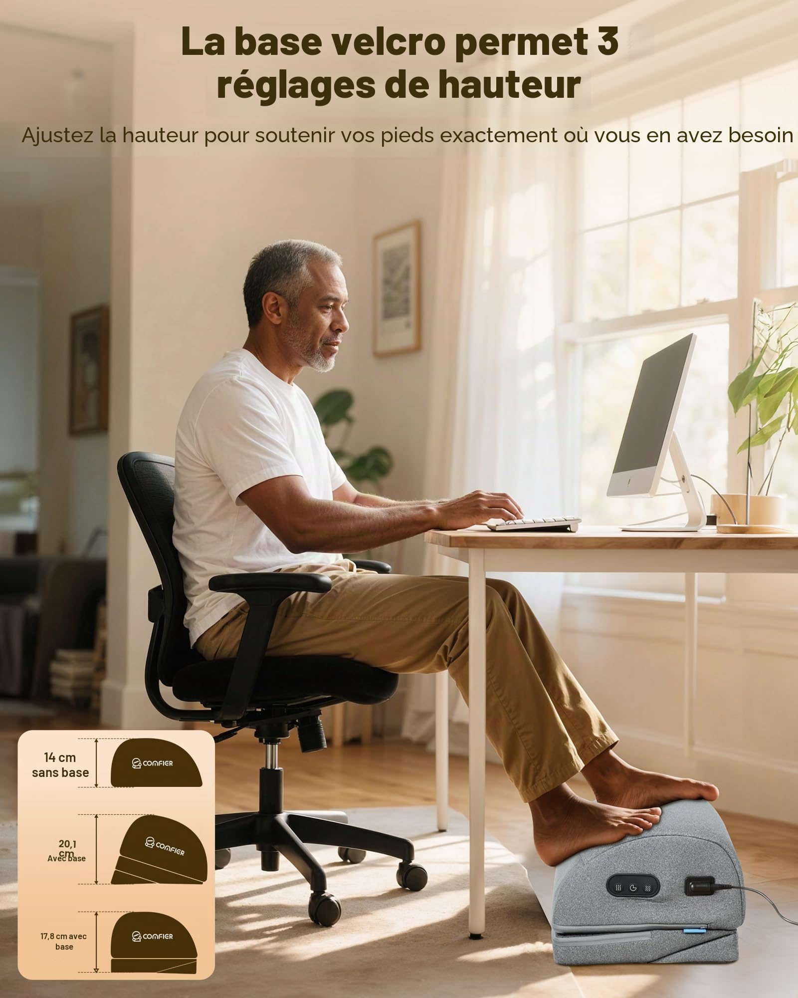 COMFIER Repose-Pieds de Bureau avec Chauffage & Vibration, Chauffe-Pieds Réglable en 3 Hauteurs, Fonction Chaleur et Massage Ergonomique pour Bureau, Fauteuil Gamer & Télétravail