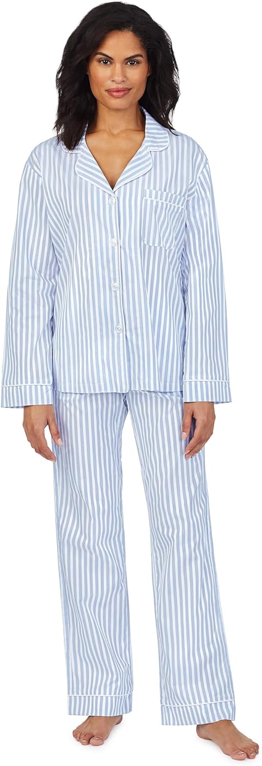 Bed Head PJs Womens Long Sleeve Notch Collar & Full Length Pants Sleepwear Pajama Set, Organic Cotton