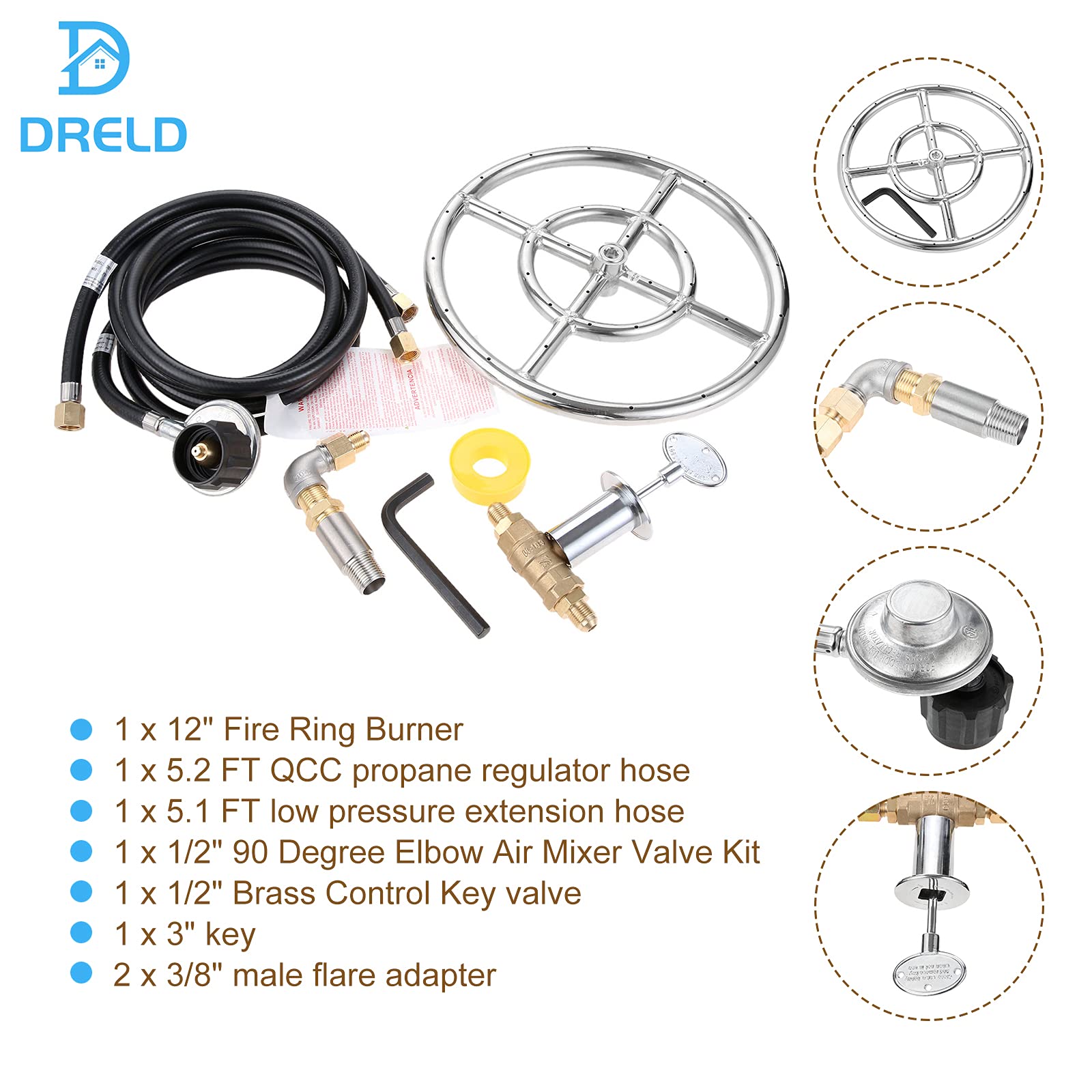 Kit De Anillo Quemador De Gas Natural De 12 Pulgadas – Incluye Válvula Y Accesorios Para Fogatas Exteriores