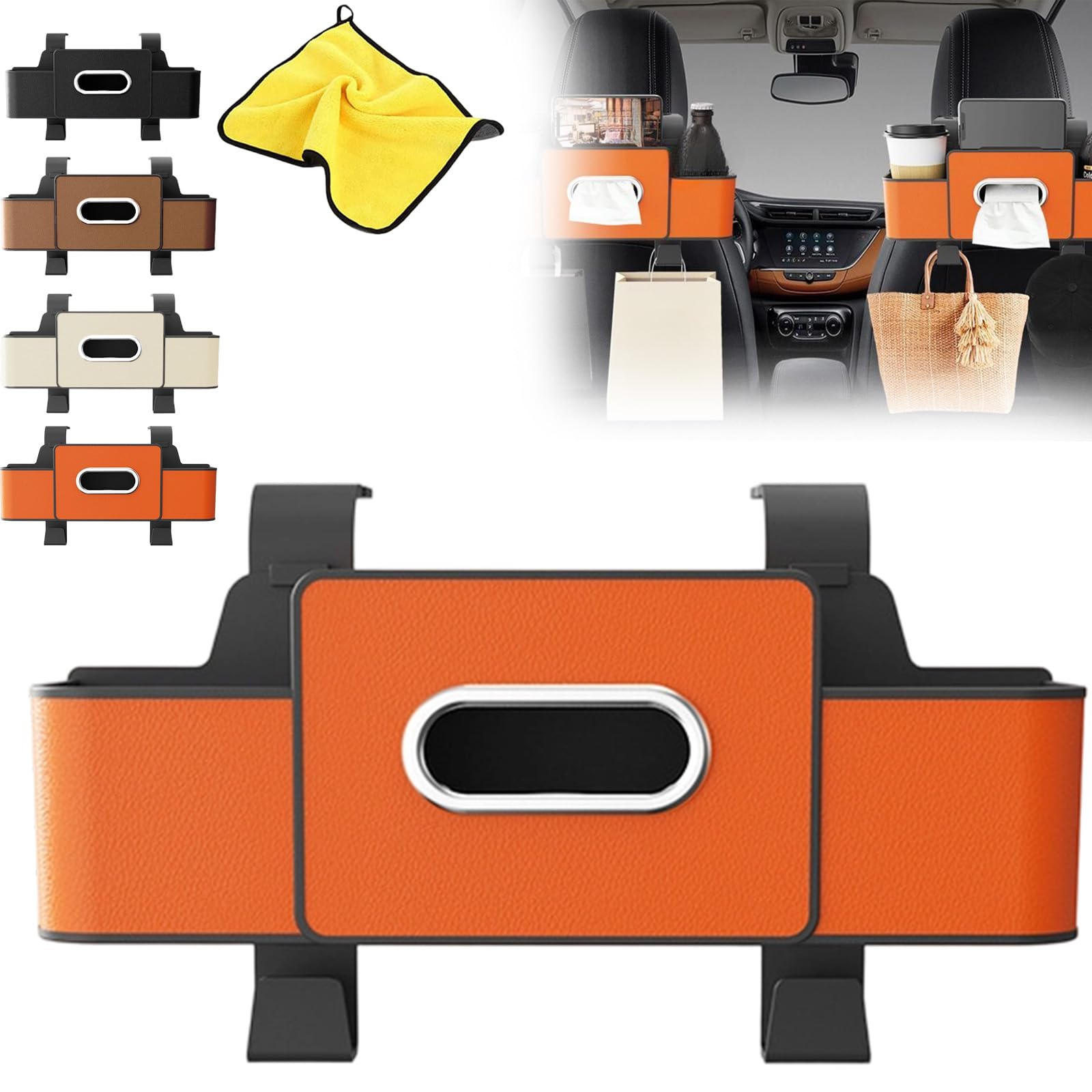 3-in-1 Car Backseat Organizer, Multifunctional Car Seat Rear Storage Box with Cup Holder & Tissue Box, Car Organizer Storage Box Headrest Back Seat – Keep Your Ride Clean & Organized (Orange)