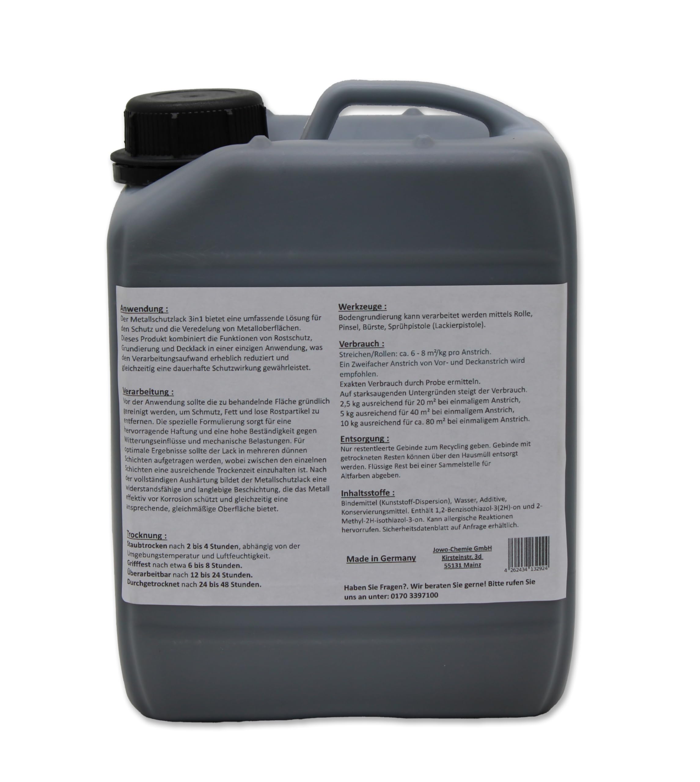 Metallschutzlack 3in1 (5kg) Metallfarbe Dauerhafter Schutz & hohe Beständigkeit, umfassende Lösung für den Schutz und die Veredelung von Metalloberflächen (Verkehrsgrau A RAL 7042)