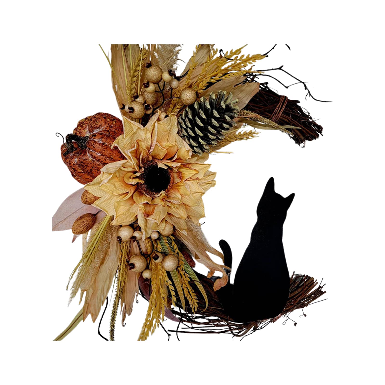 Liuyoyo Witchy Celestial Door, Art Halloween Lunar Decor Halloween Moon Cat Wreath Hanging Decor Cat Wreath Botanical Crescent Moon for Home