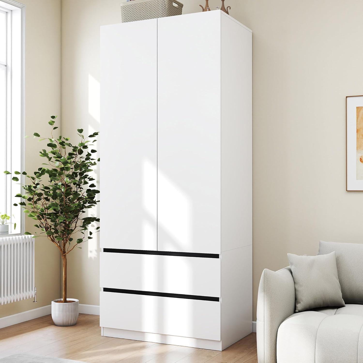 White Armoire Wardrobe Closet: 75" Large Armoire Wardrobe Closet with 2 Drawers, Wood Closets with 2 Doors, Tall Bedroom Armoires for Hanging Clothes (Style-1, 31.5")