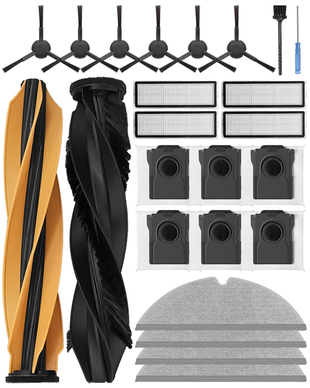 D20 Plus Accessories for Dreame robot Vacuum Cleaner, replacement parts include: 2 Main Brushes, 6 Side Brushes, 4 HEPA Filters,6 Dust Bags,4 Wipes,1 cleaning brush,1 Screwdriver-Yivy 24 pcs