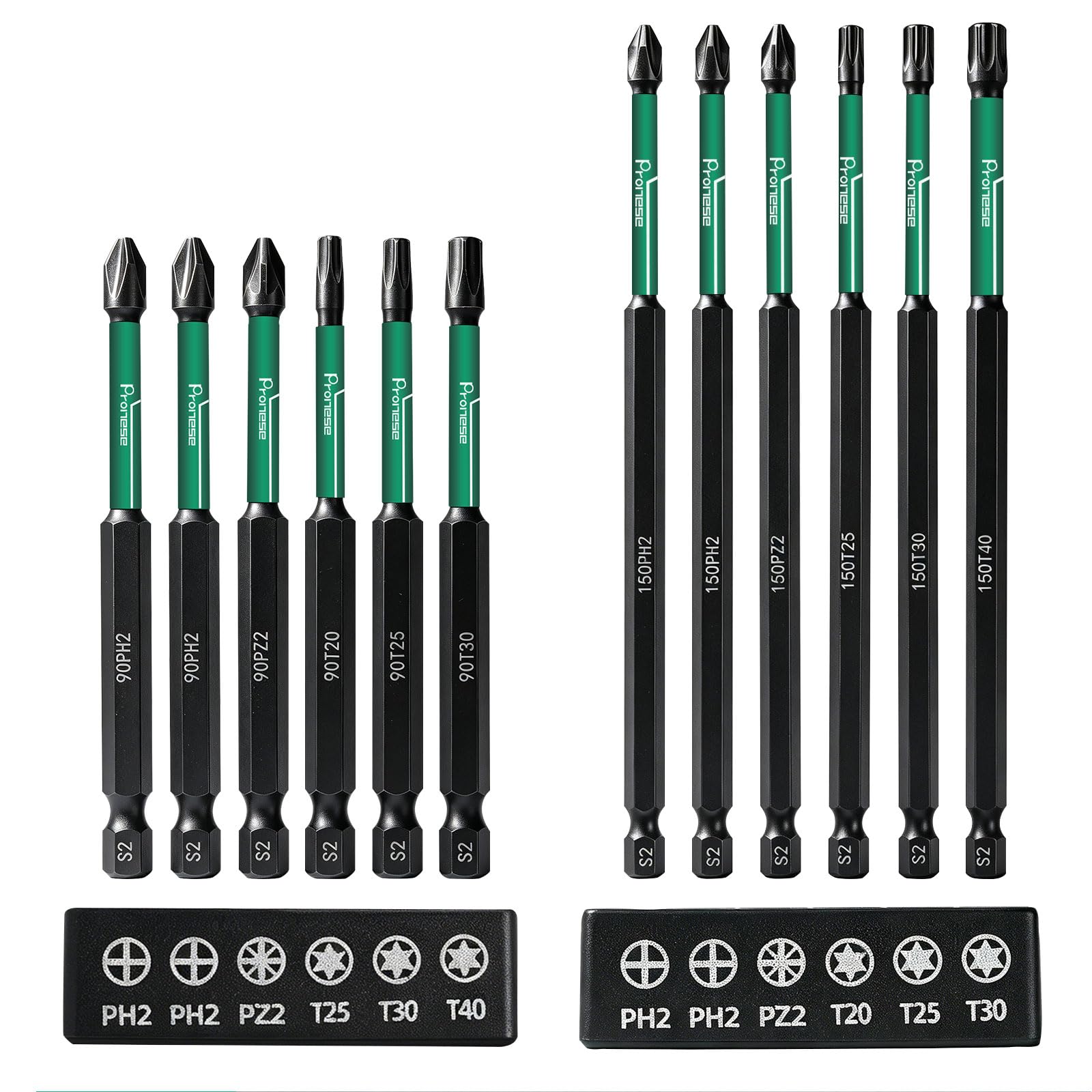 12 pcs 150 mm and 90 mm ph2 impact driver bits， long screwdriver bits， PZ2 & PH2 & T20 T25 T30 T40, Long S2 Steel Magnetic Drill Bits