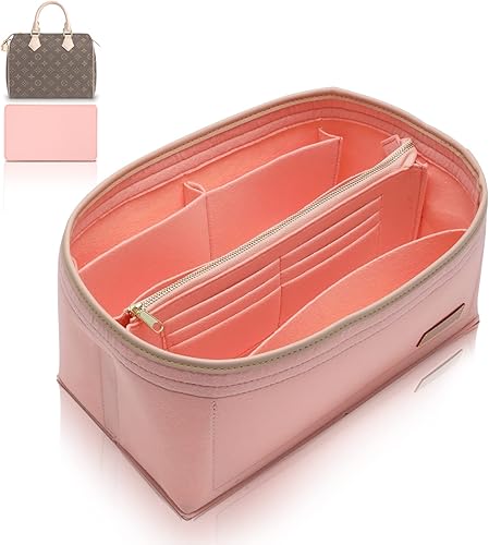 KESOIL Inserto organizador de bolso para bolsos, Fit Speedy 30 Neverfull Felt Tote Insert con Base Shaper Zipper Bag en bolsa (rosa fieltro, grande)