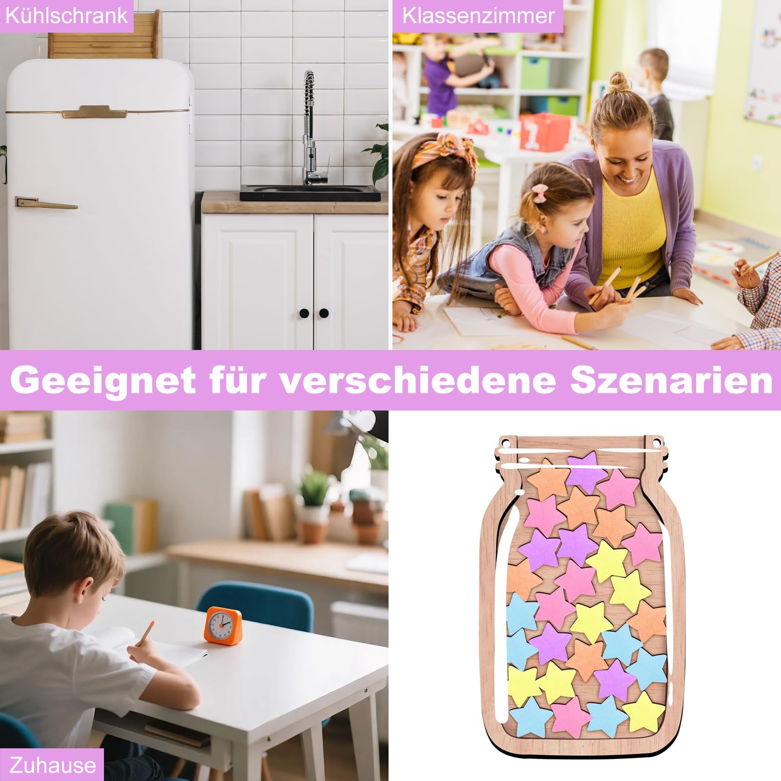 Belohnungsglas Kinder Magnetisch, Belohnungssystem Kinder mit Sternen, mit Seil zum Aufhängen und Halterung, Belohnungstafel kinder aus Holz für positiven Verstärkung in Zuhause und Schule