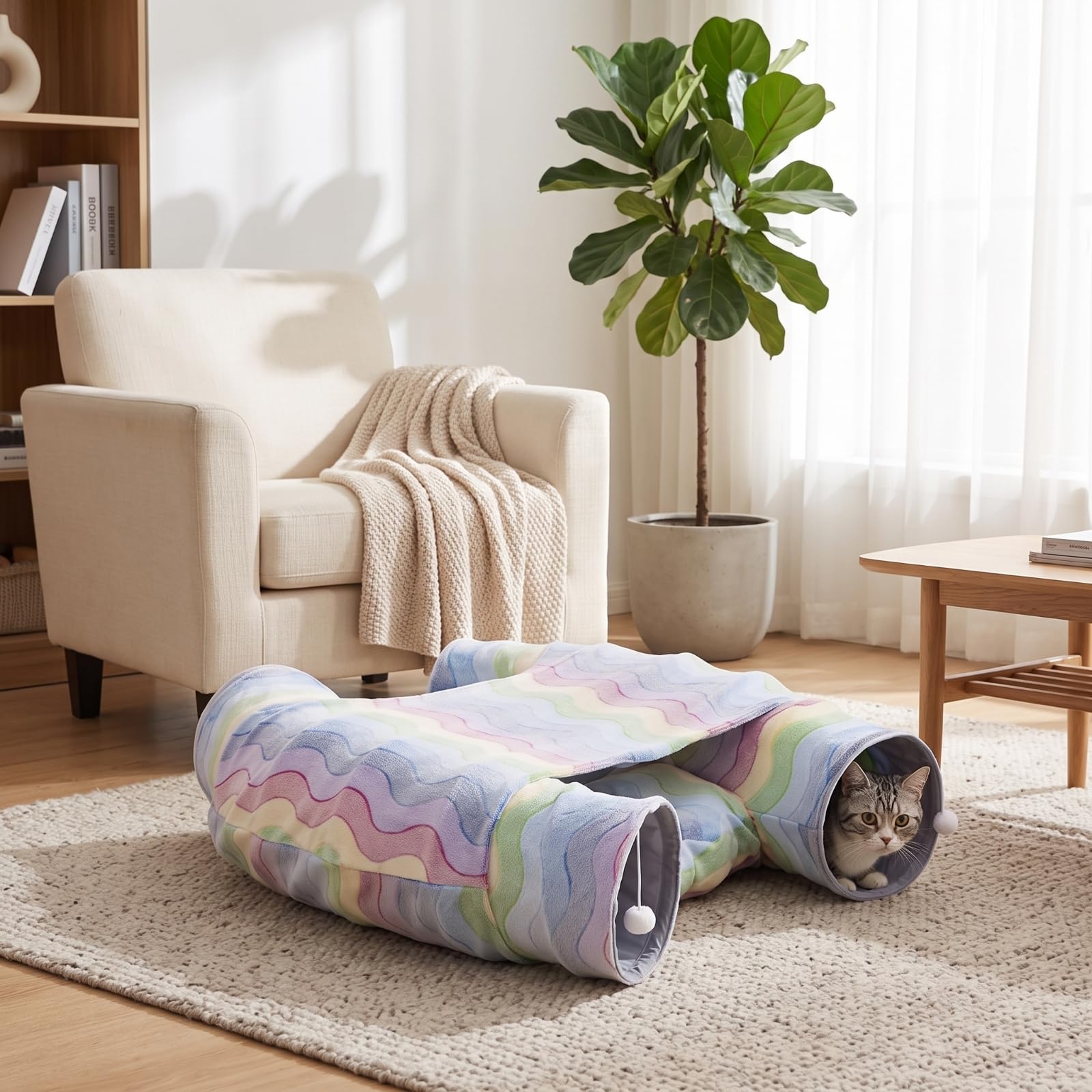 Conducto Peluche Acolchado Conducto Plegable Transpirable Juguete para s, Interiores, Túnel De Gato De Doble Capa con Diseño De Caracol De Rayas Arcoíris, Plegable para Juegos Interactivos