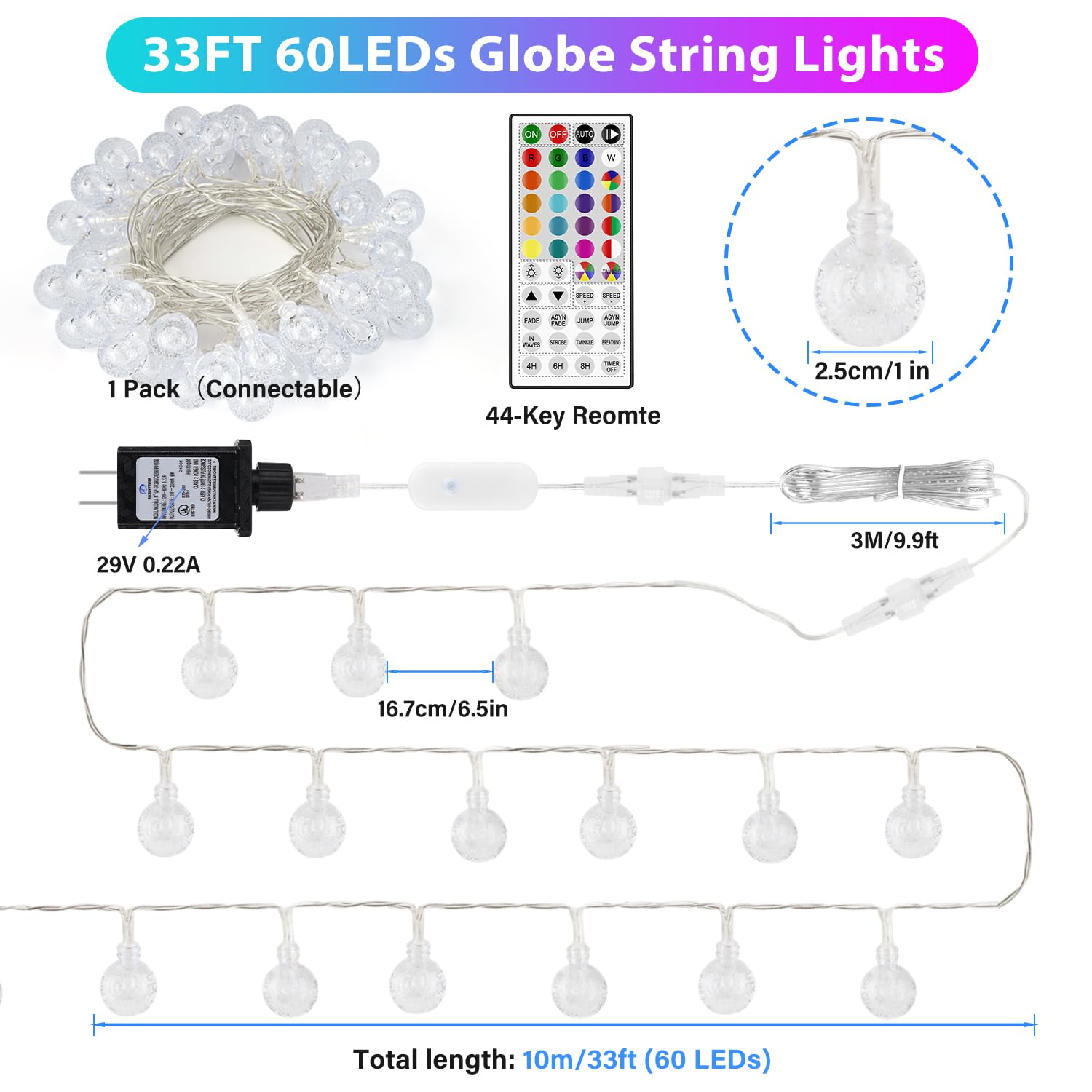 Snapklik.com : Color Changing String Lights Plug In, 33ft 60LED ...
