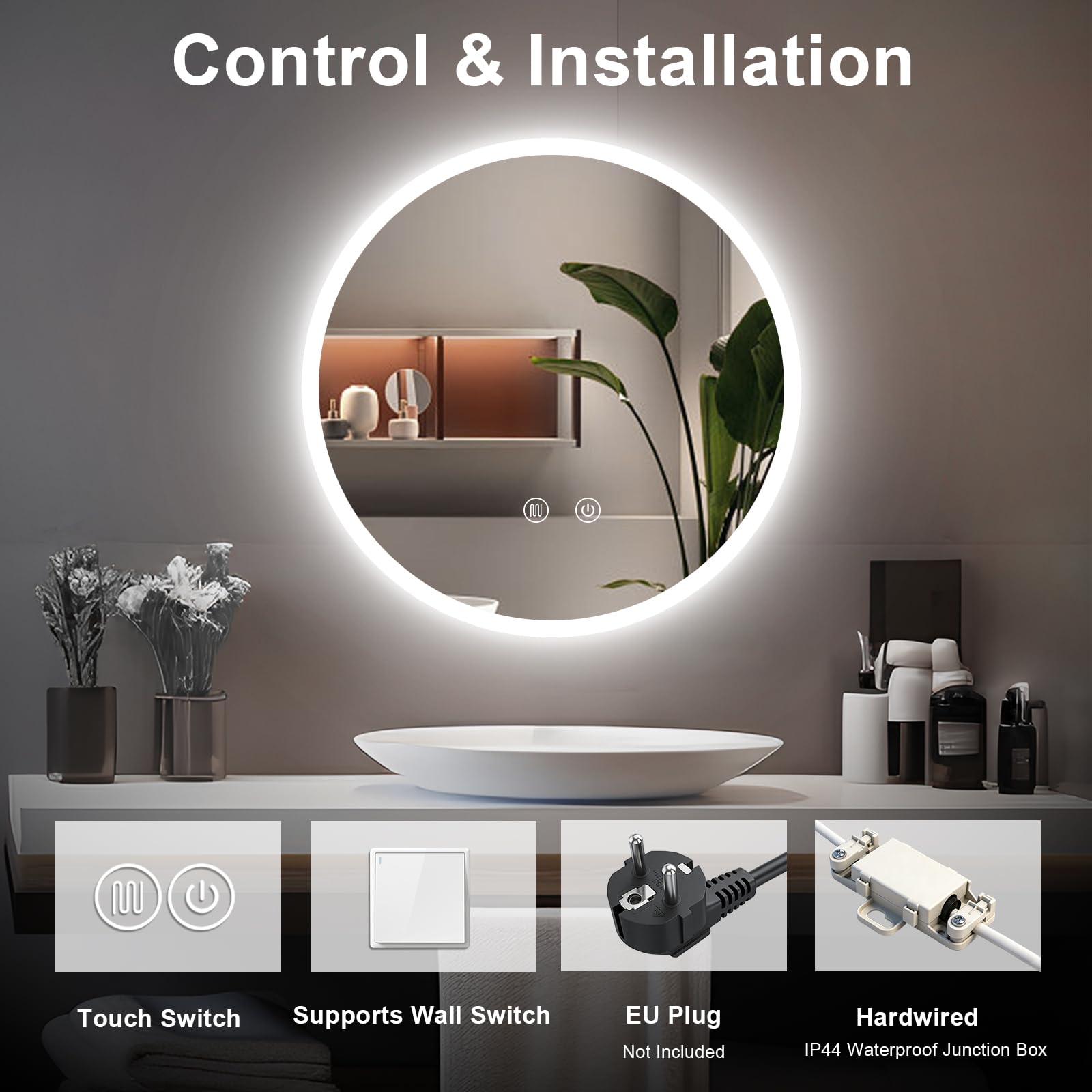 Badspiegel mit Beleuchtung Rund 70cm, Badezimmerspiegel Wandspiegel und Touch-Schalter, IP65-Led-Spiegel-Bad mit Speicherfunktion, 3 Farbtemperatur,dimmbarer,Antibeschlag,HD Hartglas