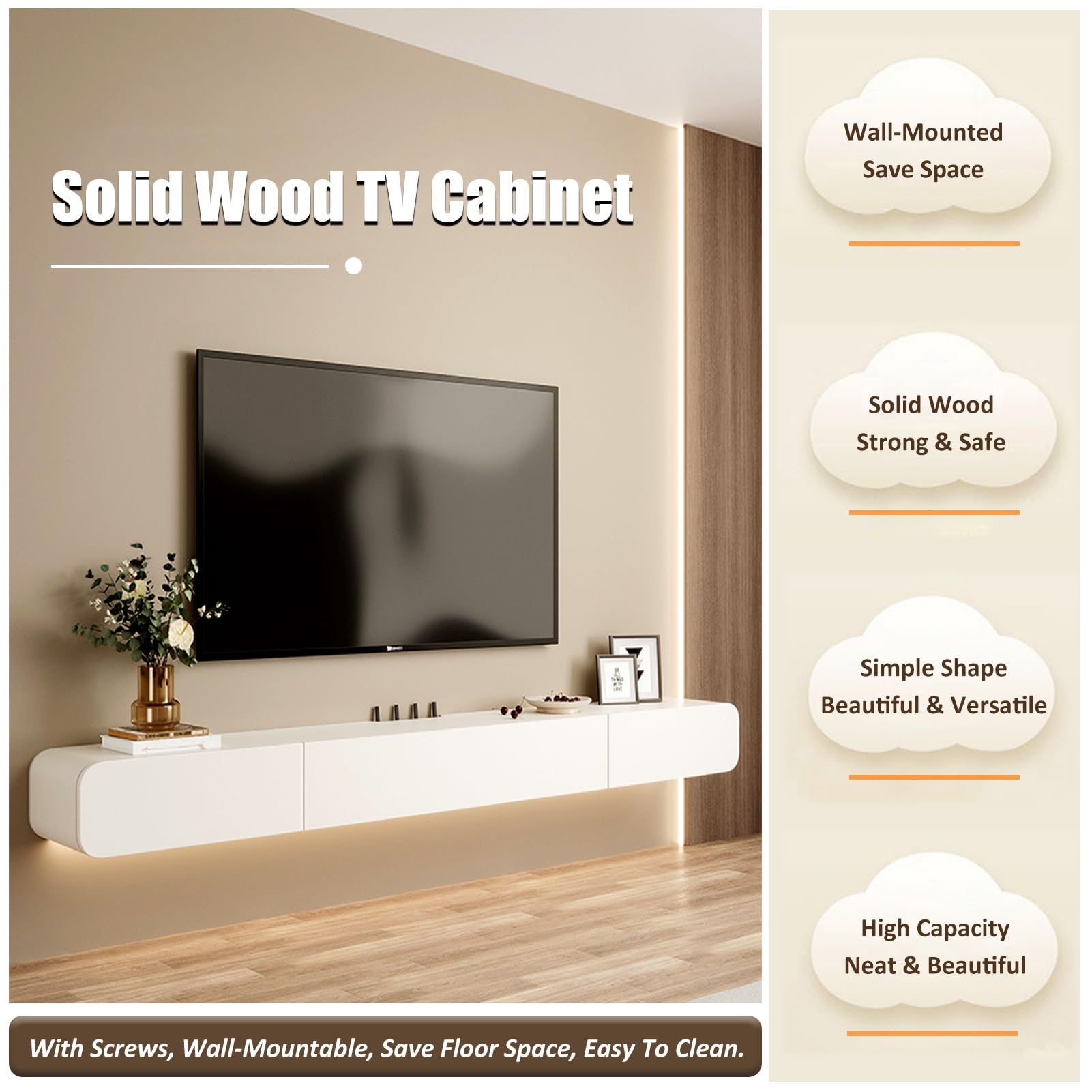 Schwebender schwarzer TV-Ständer mit Schubladen und Tür Wandhalterung Konsole Massivholz Weiß TV-Schrank mit Routerloch & hohler Rückseite Medienkonsole für Wohnzimmer TV Lagerregal