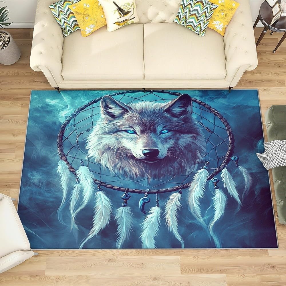 Generisch Teppich rutschfeste für Wohnzimmer Kinderzimmer, TraumfäNger Mit Wolfskopf Dekorteppich für Spielzimmer Esszimmer - Blau Kurzflor Flanell Teppiche Pflegeleicht Waschbare 80x150 cm