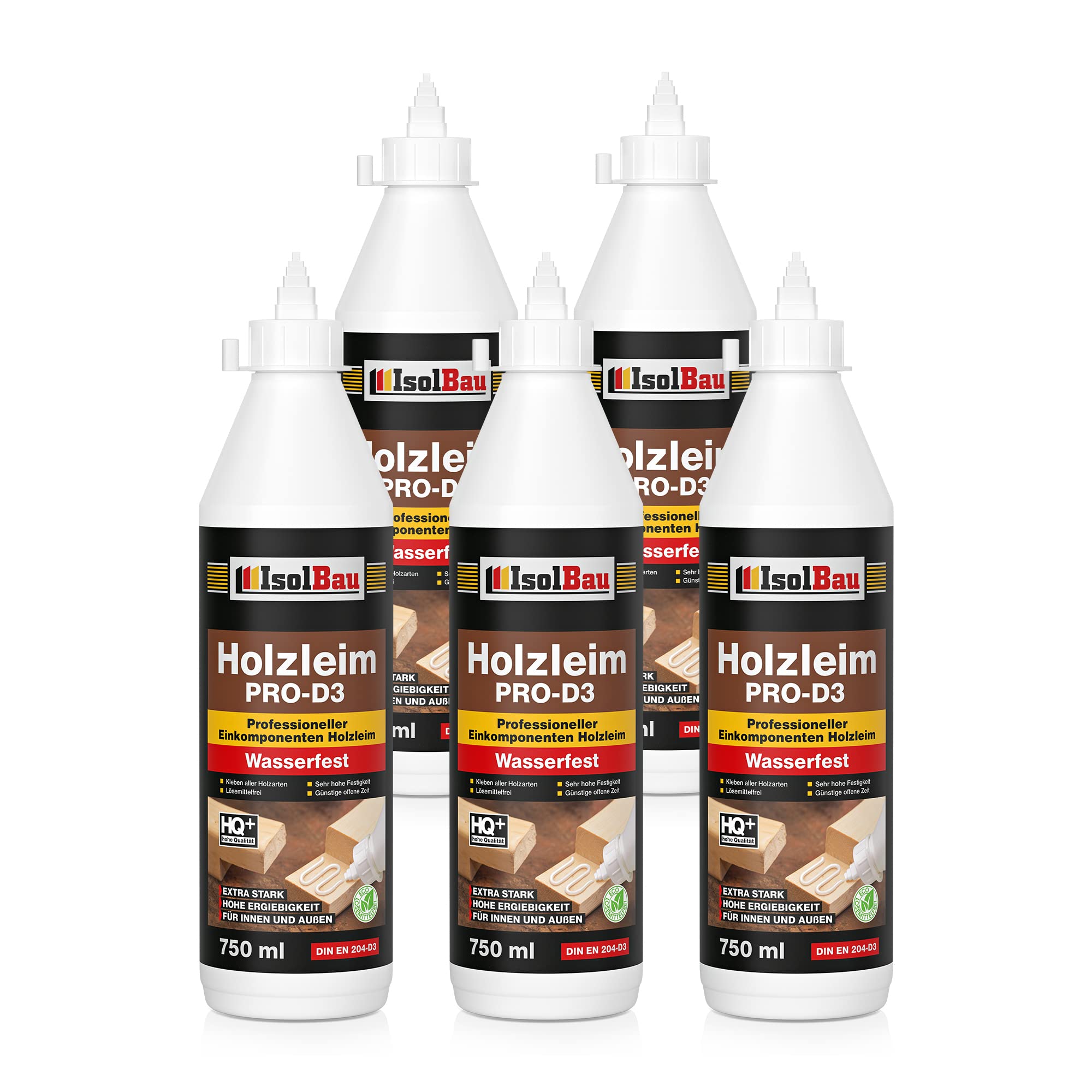 Isolbau Holzleim PRO-D3-5 x 750 ml (860 g) Extra starker Holzkleber für alle Holzarten, für Innen & Außen, Wasserfest, Lösemittelfrei